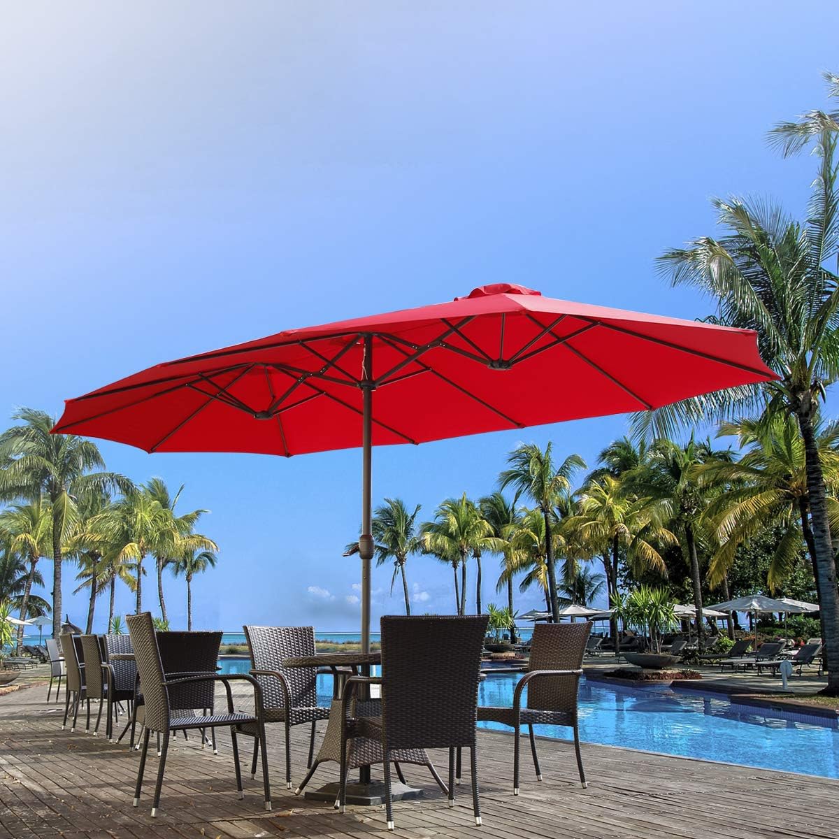 15ft Patio Umbrella with Solar Lights, Large Double Umbrella Outdoor, Rectangle 180''x106'' Umbrellas with 156 PCS LED Lights and Crank Handle for Backyard Deck Pool Shade in Black(1.9