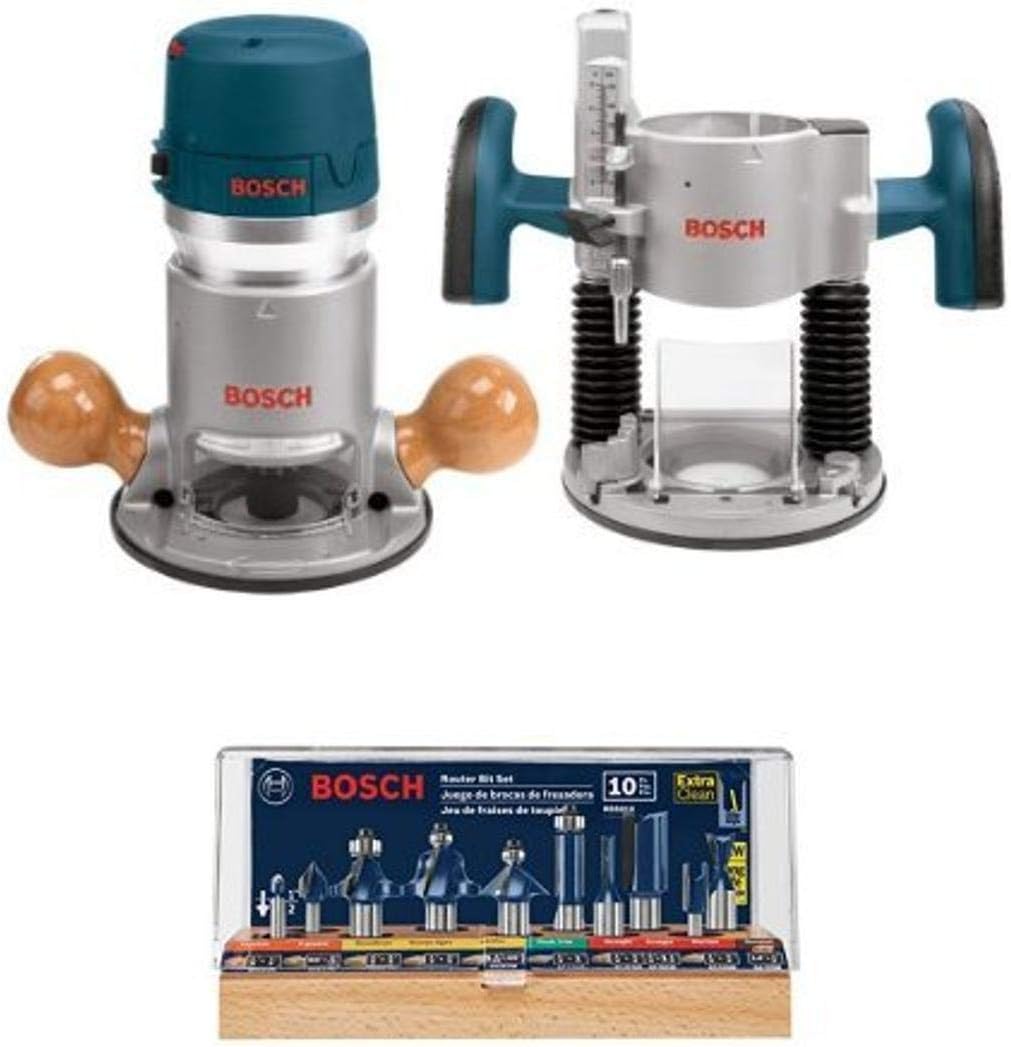 BOSCH 1617EVSPK Wood 12 Amp Router Tool Combo Kit – 2.25 Horsepower Plunge Router & Fixed Base with a Variable Speed