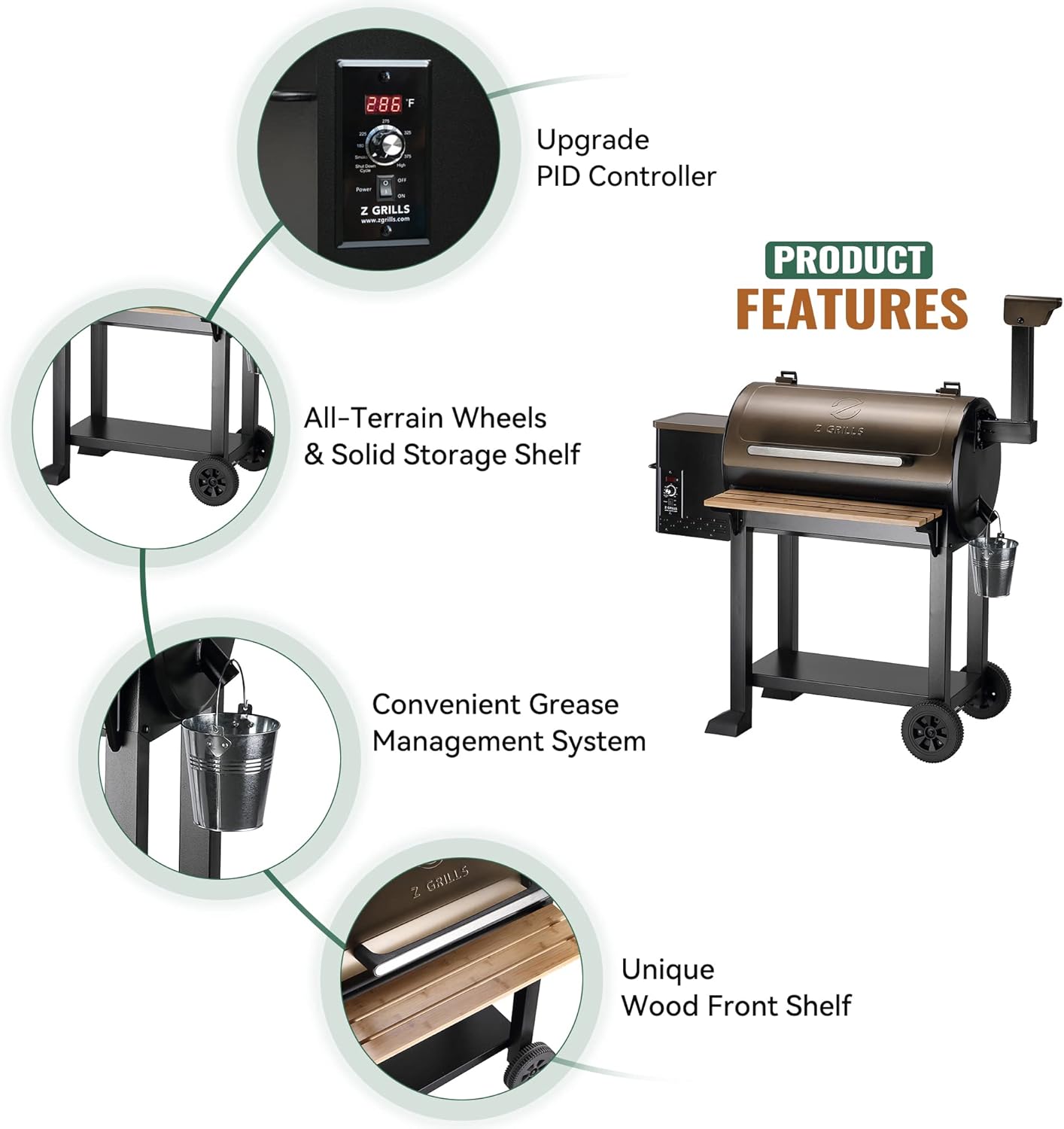 Z GRILLS Wood Pellet Grill Smoker with 552 Cooking Area & Front Shelf for Outdoor BBQ, Smoke, Bake and Roast, 550C