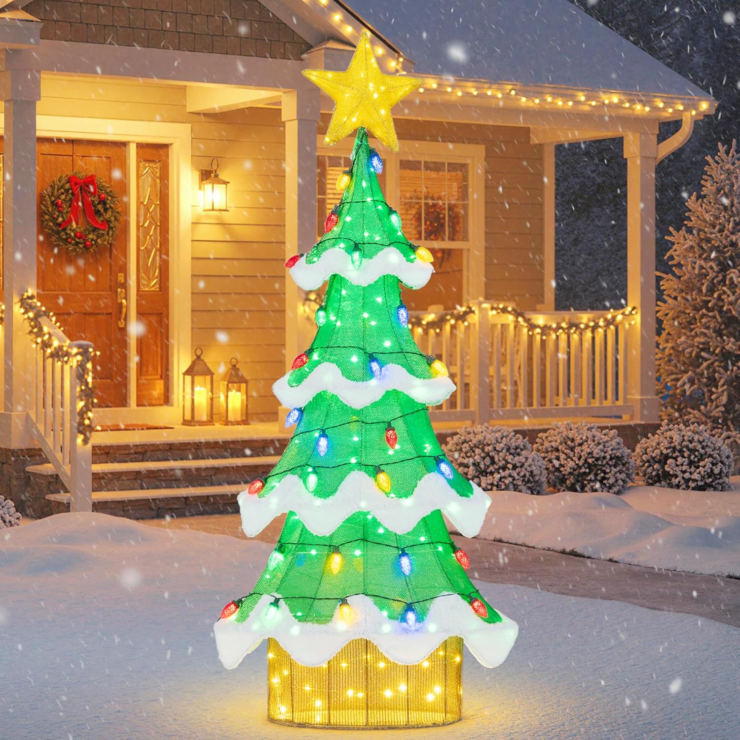 2025 Tangkula 6.5 FT Pop-Up Lighted Christmas Tree, Artificial Xmas with 200 Warm White LED Lights, Collapsible Decoration, Fabric Celebration for Indoors & Outdoors