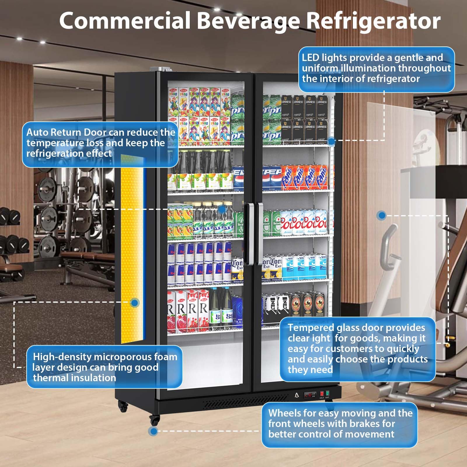 Commercial Refrigerator, Glass Door with LED Lighting – Upright Beverage Display Cooler for Home, Store, Gym, or Office, Featuring Double Swing Doors and 39 cu.ft