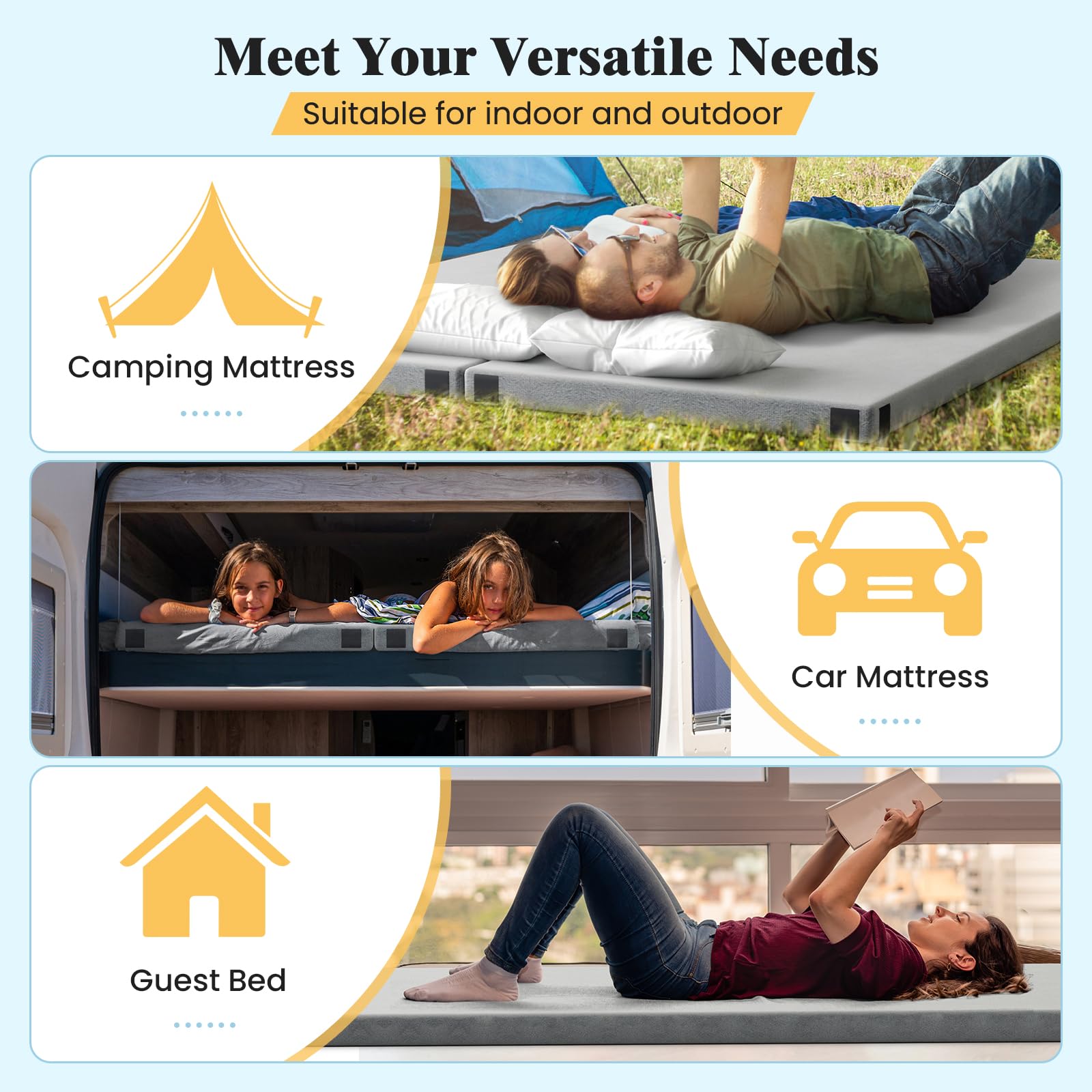 Memory Foam Camping Mattress, Portable Roll up Sleeping Pad w/Anti-Slip Bottom, Travel BagSingle, Larged, 74