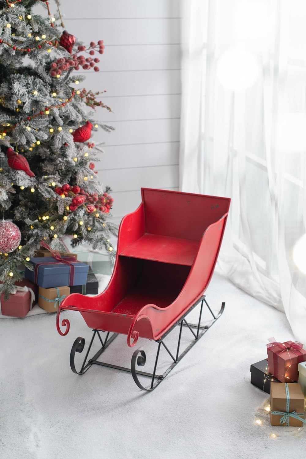 Christmas Sleigh Outdoor Decorations Large-sized Worn Red Metal Santa Sleigh Toy Decoration Gift Basket Winter Decorations Indoor Christmas Garden Santa Sleigh Decoration - 39 inches (Sleigh-L)