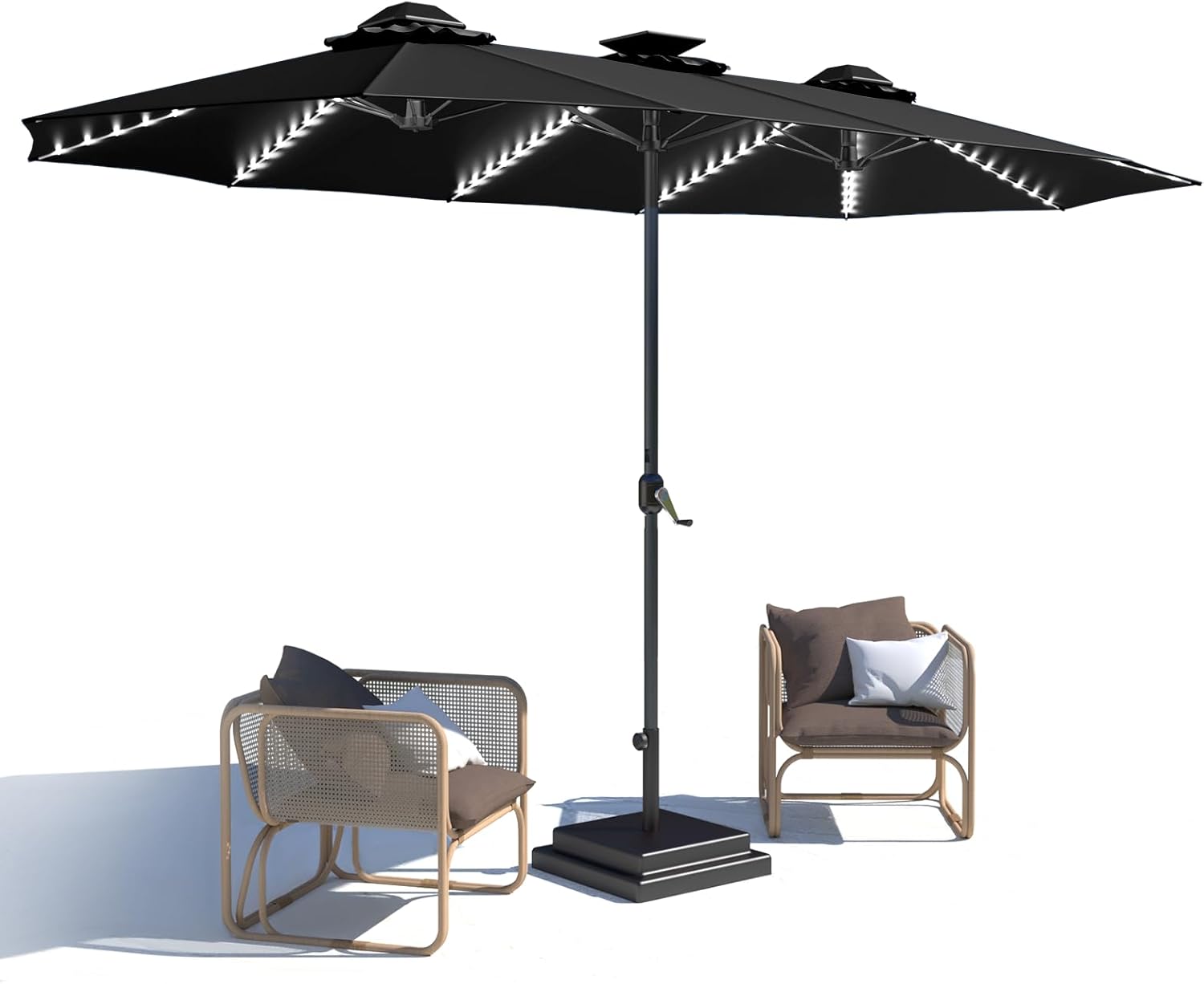 15ft Patio Umbrella with Solar Lights, Large Double Umbrella Outdoor, Rectangle 180''x106'' Umbrellas with 156 PCS LED Lights and Crank Handle for Backyard Deck Pool Shade in Black(1.9