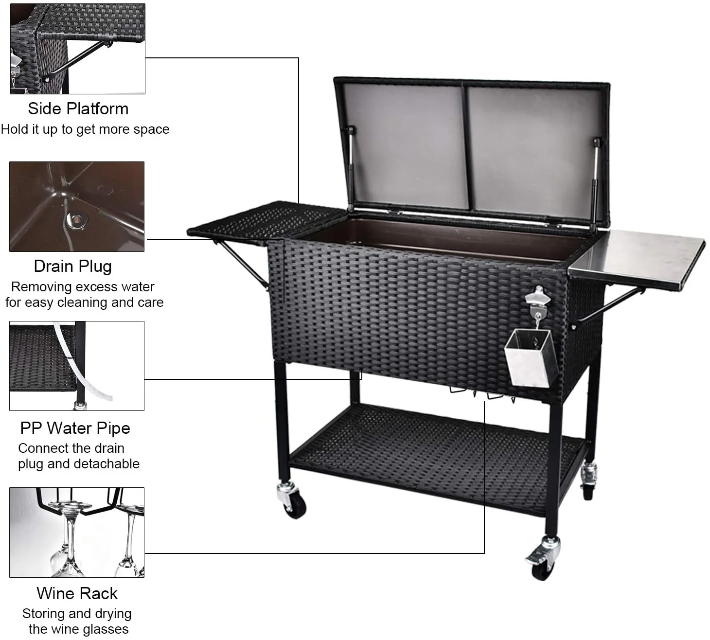 2025 80 Quart Rattan Rolling Cooler Cart, Portable Wicker Cooler Trolley, Backyard Party Drink Beverage Bar