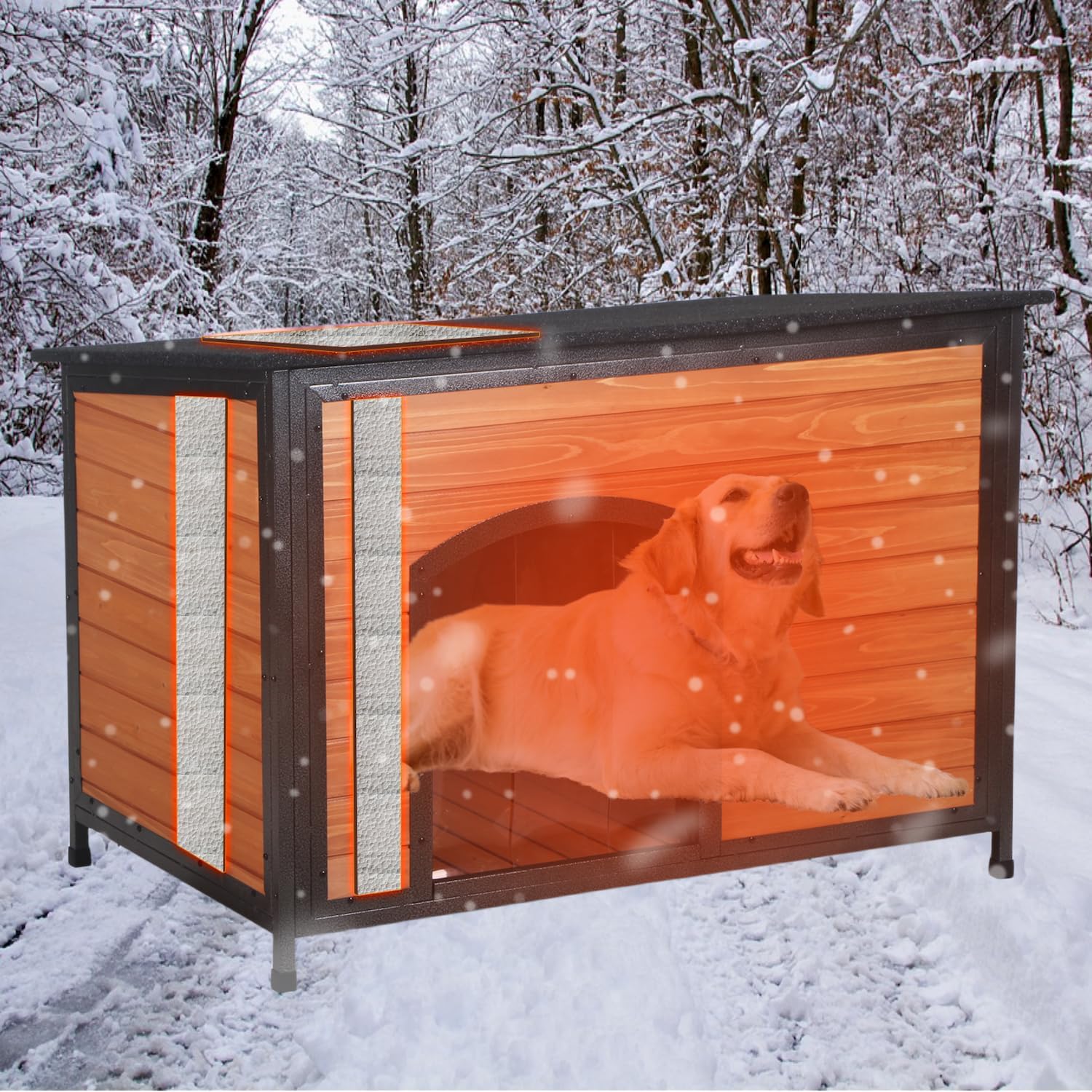 43.3-inch L-shaped outdoor dog house with insulation feature, a dog shelter made of fully sealed foam material on all six sides, suitable for small, medium-sized and large dogs, equipped with a sturdy metal anti-bite frame, and featuring winter insul