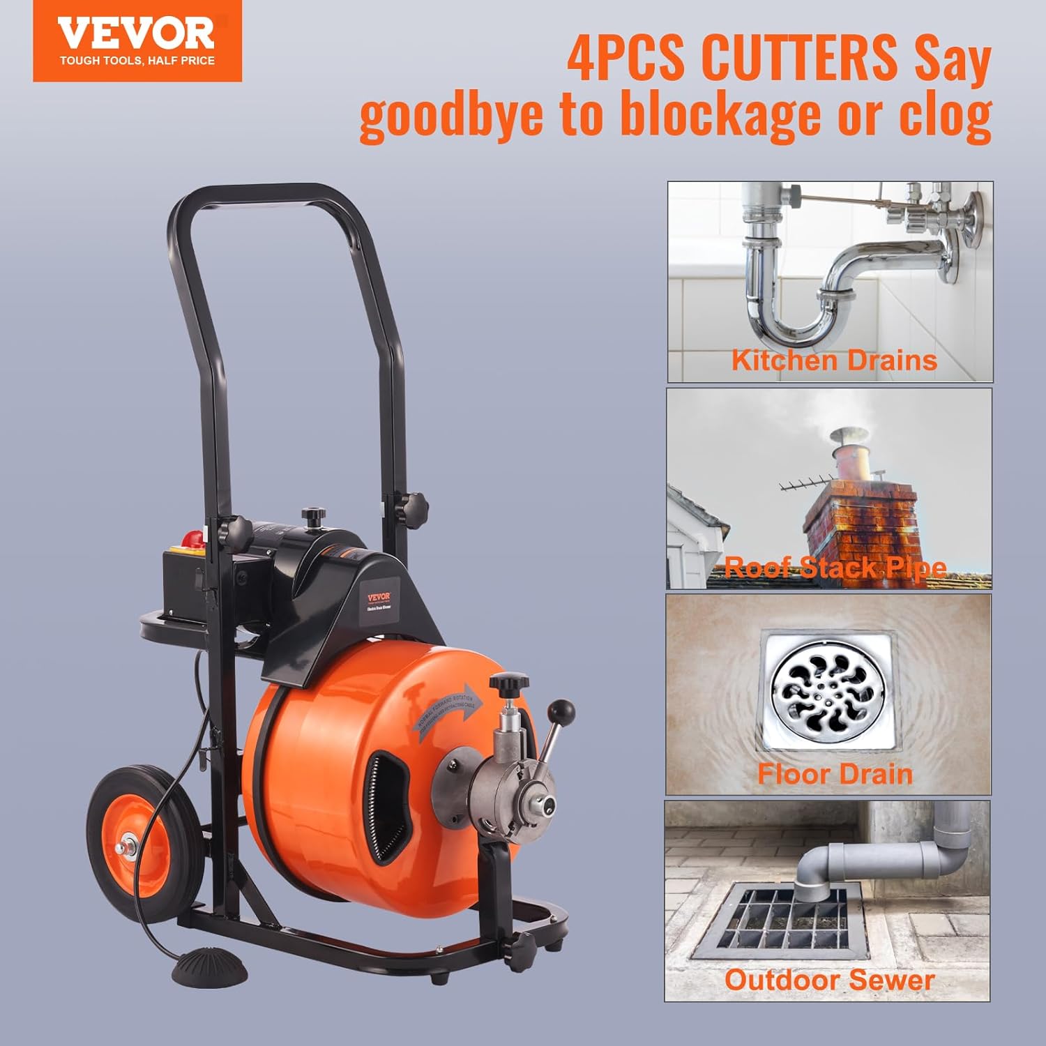 Drain Cleaner Machine 100FT x 1/2Inch, Auto Feed Sewer Snake Auger with 4 Cutter & Air-activated Foot Switch for 1