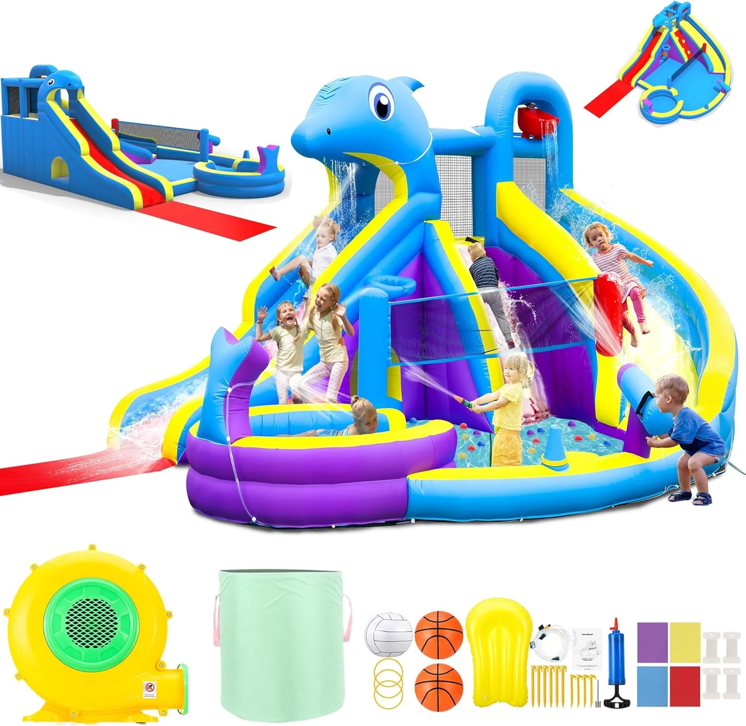 11-in-1 Inflatable Water Slide & Dolphin Bounce House w/2 Long Slides, 19.7 Ft x 13.1 Ft Extra Large Waterslide Climbing Wall w/Small Deeper Pool,Water Cannons,Hoop for Kids Backyard,550W Blower