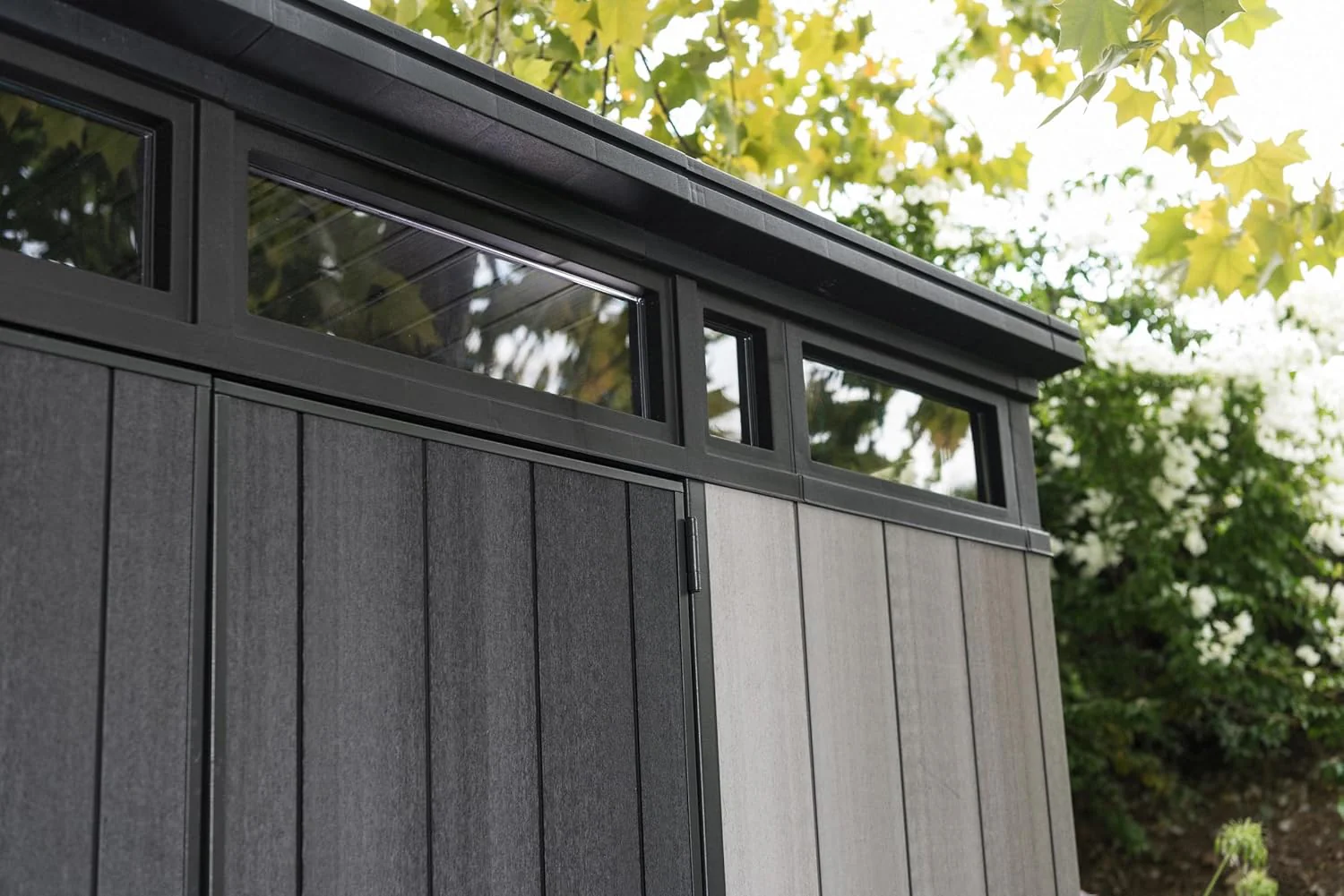 11x7 Modern Resin Outdoor Storage Shed Kit-Perfect to Store Patio Furniture, Garden Tools Bike Accessories, Beach Chairs and Lawn Mower, Grey & Black