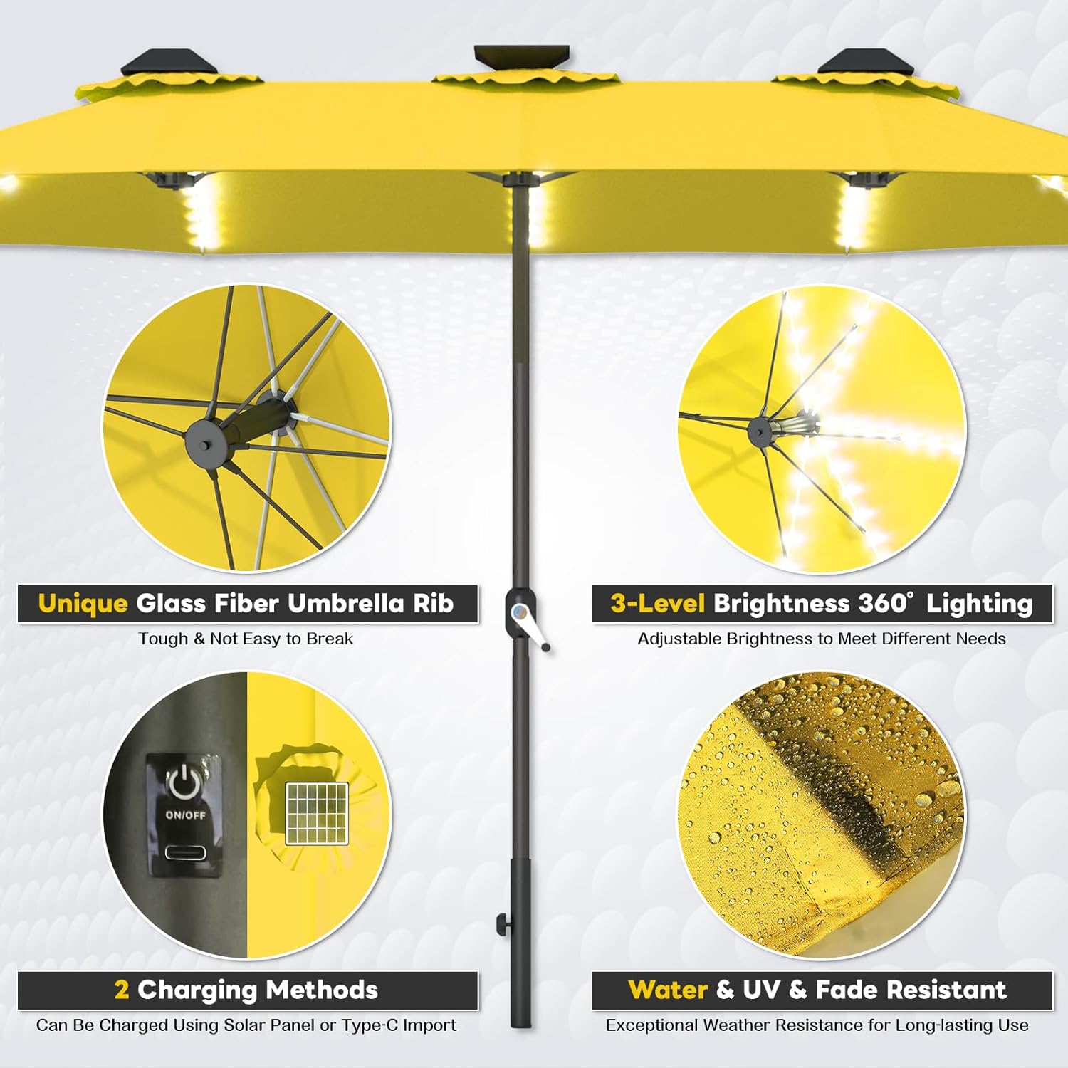 15ft Patio Umbrella with Solar Lights, Large Double Umbrella Outdoor, Rectangle 180''x106'' Umbrellas with 156 PCS LED Lights and Crank Handle for Backyard Deck Pool Shade in Black(1.9