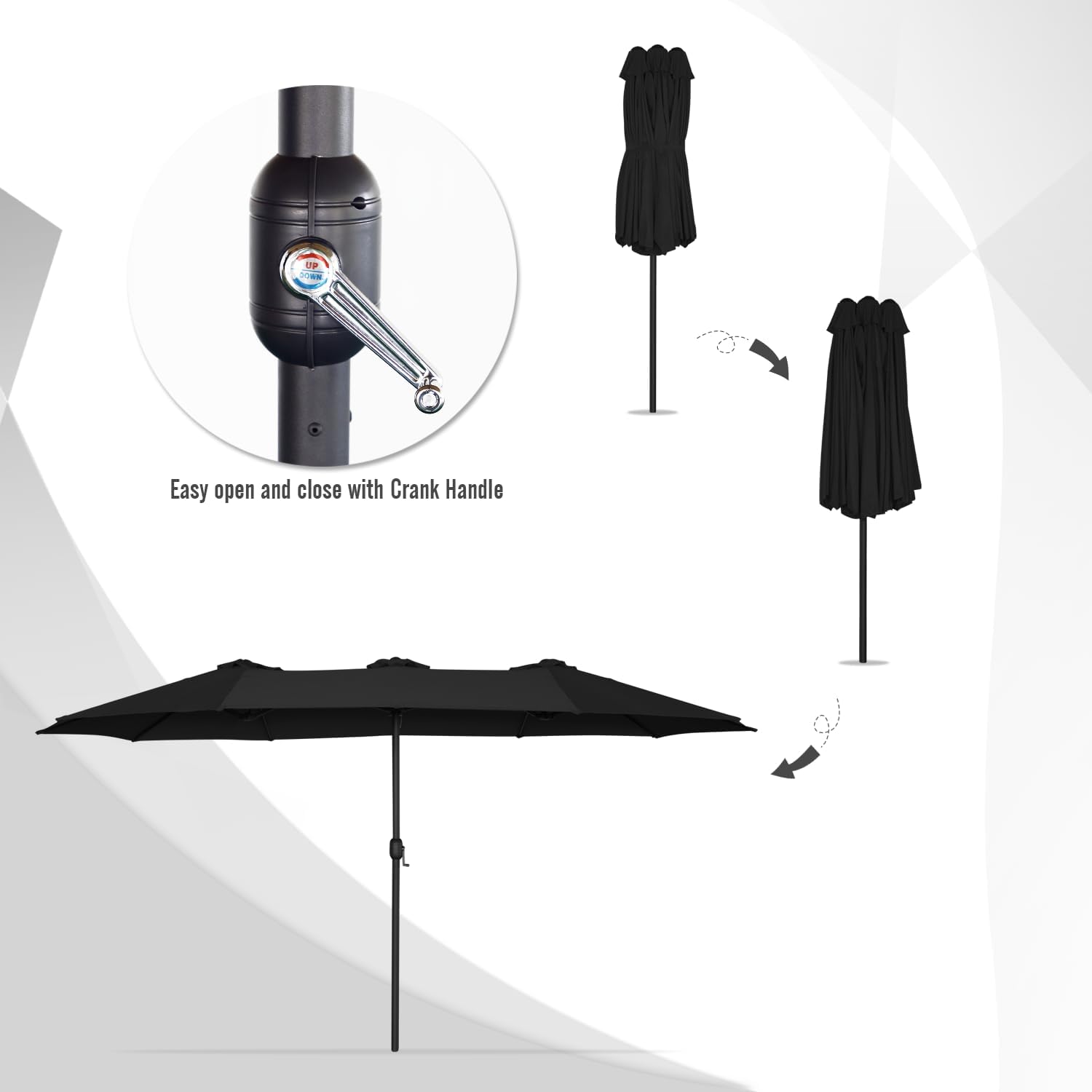 15ft Patio Umbrella with Solar Lights, Large Double Umbrella Outdoor, Rectangle 180''x106'' Umbrellas with 156 PCS LED Lights and Crank Handle for Backyard Deck Pool Shade in Black(1.9