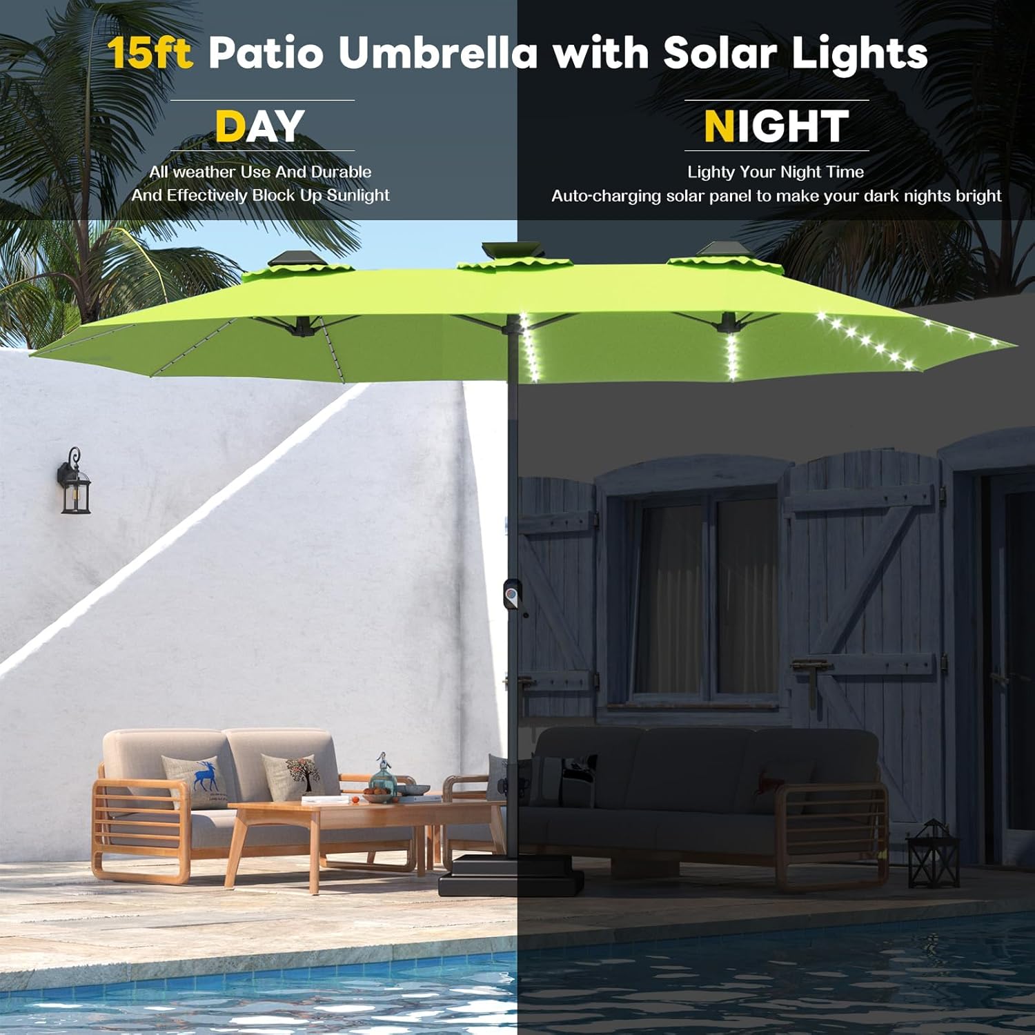 15ft Patio Umbrella with Solar Lights, Large Double Umbrella Outdoor, Rectangle 180''x106'' Umbrellas with 156 PCS LED Lights and Crank Handle for Backyard Deck Pool Shade in Black(1.9