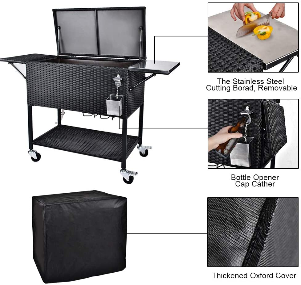 2025 80 Quart Rattan Rolling Cooler Cart, Portable Wicker Cooler Trolley, Backyard Party Drink Beverage Bar