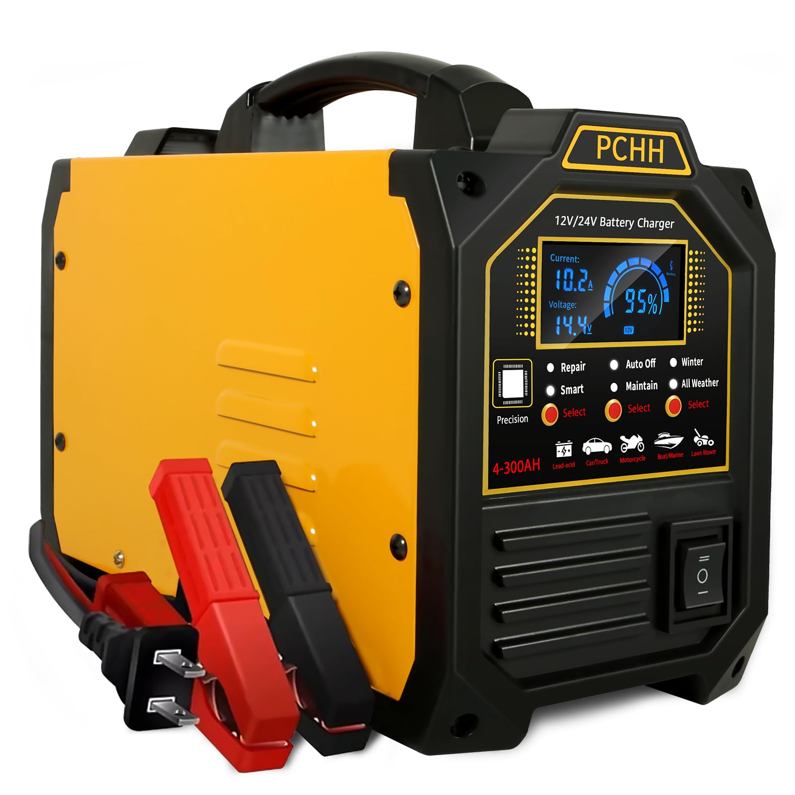 PCHH 12V 24V Car Battery Charger Heavy Duty, 0-15A Automatic Battery Maintainer