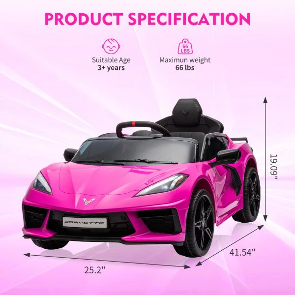 12V Kids Ride on Car Licensed Corvette Battery Powered Car Toddles Electric Sports Car Toy with Remote Control, Visual Dashboard, LED Lights, Music, Gifts for Boys Girls, Rose Red