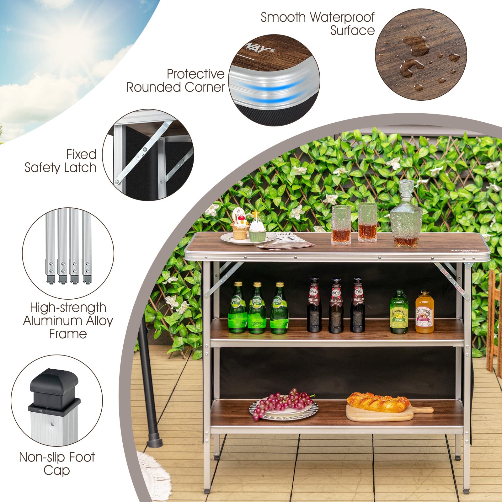 2025 Goplus Folding Camping Table, Aluminum Portable Pop-Up Bar Table with 2-Tier Storage Shelves