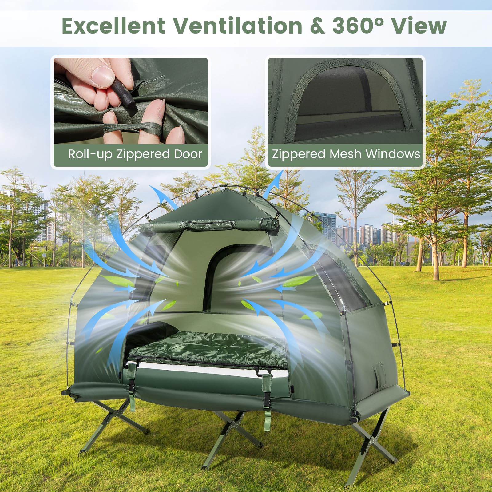 2025 Camping Tent Cot, 5-in-1 Folding Camping Bed with Air Mattress, Pillow, Sleeping Bag, Waterproof Elevated Tent Shelter