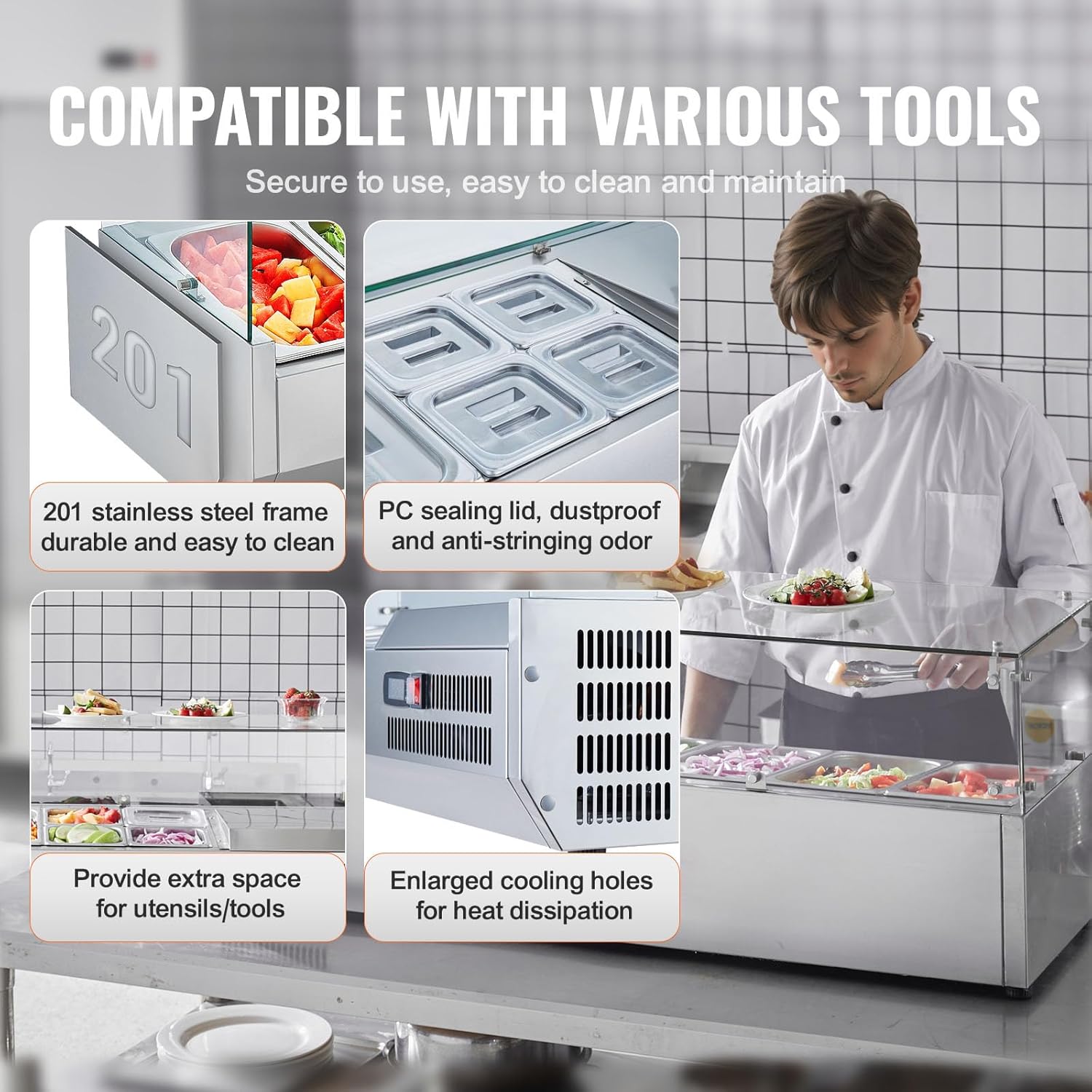 Refrigerated Condiment Prep Station, 135 W Countertop Refrigerated Condiment Station, with 2 1/3 Pans & 4 1/6 Pans, 304 Stainless Body and PC Lid, Sandwich Prep Table with Stainless Guard, ETL