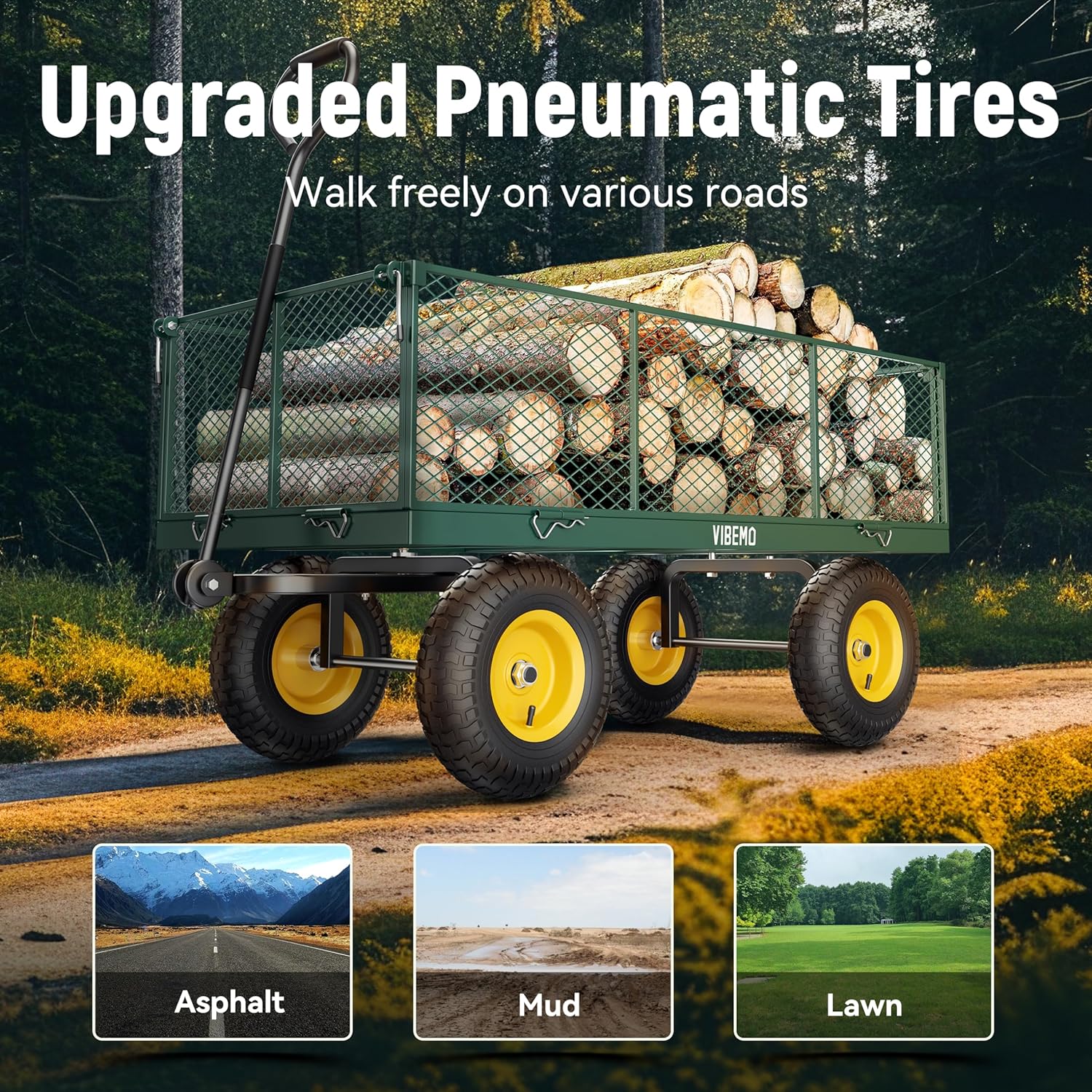 2025 Steel Garden Cart, 2-in-1 1400 lbs Heavy Duty Utility Wagon, with Removable Mesh Sides to Convert into Flatbed, 240° U-Turn 13" Pneumatic Tires Garden Wagon for Farm Yard Lawn Garden Camping