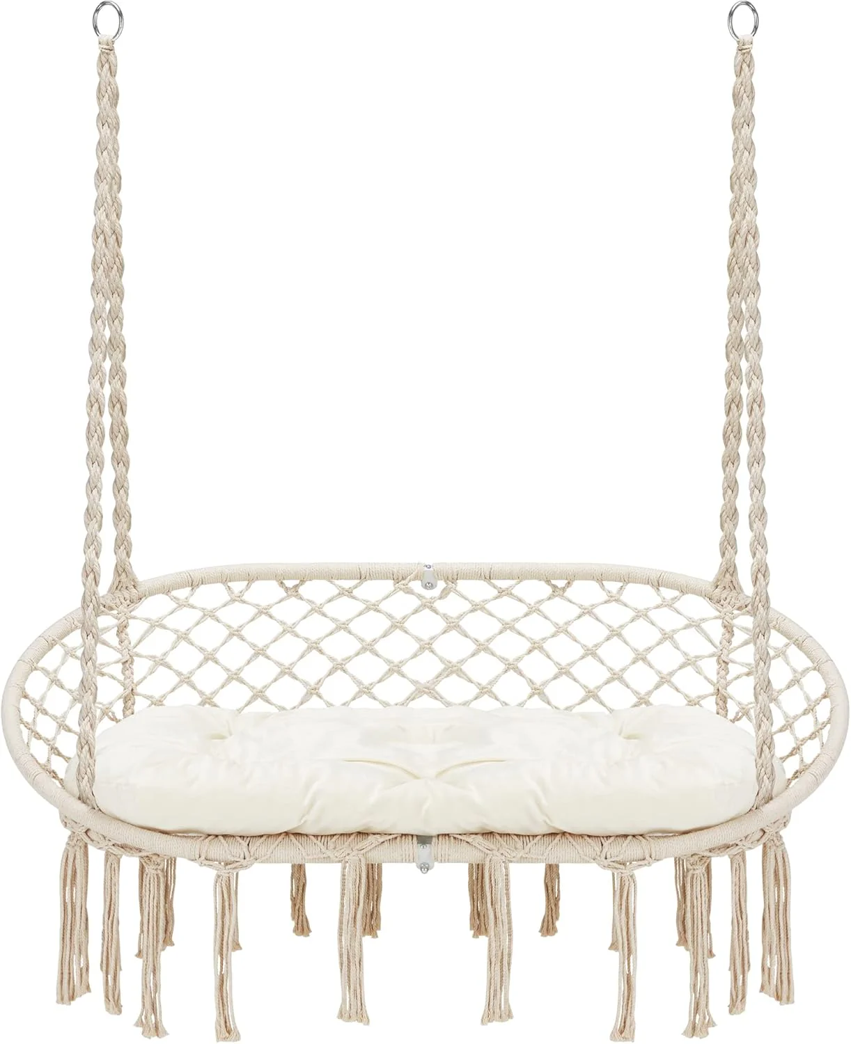 Hammock Chair Macrame Hanging Swing with Cushion,Hanging Cotton Ropes, Metal Frame, 450 lbs Capacity Indoor Outdoor, Patio, Balcony, Living,Deck, Yard, Garden(Double Swing) Beige