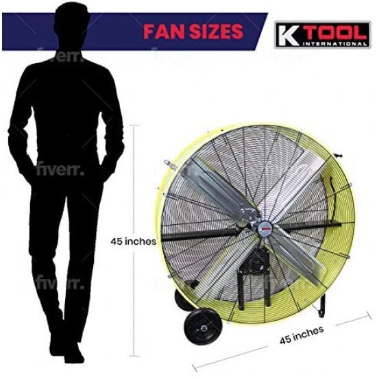 42′′ Belt Drive Drum Fan; Industrial, Garage, Shop, High Speed 2-Speed, Durable, Cut-Off Protection, Easy Mobility Rubber Wheels; SAFETY YELLOW.