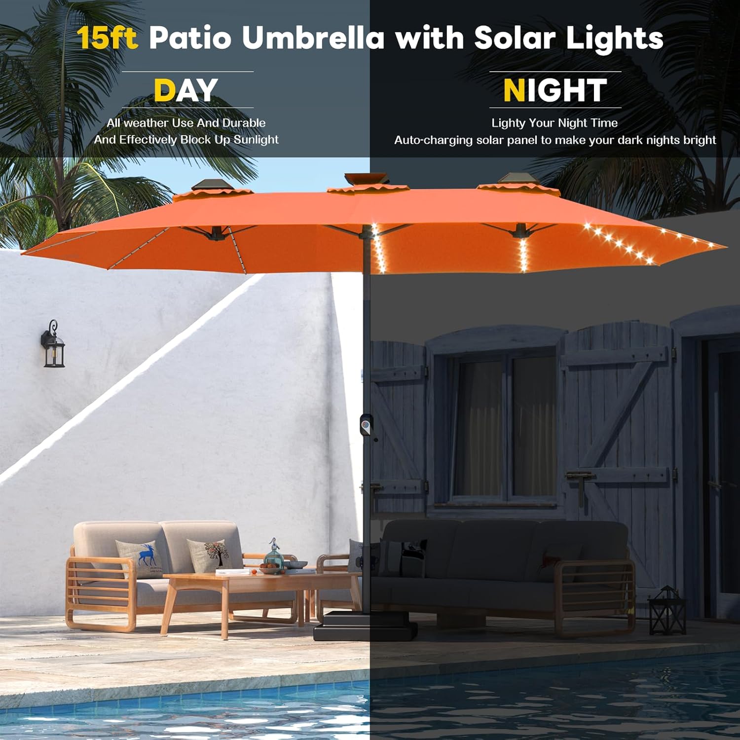15ft Patio Umbrella with Solar Lights, Large Double Umbrella Outdoor, Rectangle 180''x106'' Umbrellas with 156 PCS LED Lights and Crank Handle for Backyard Deck Pool Shade in Black(1.9