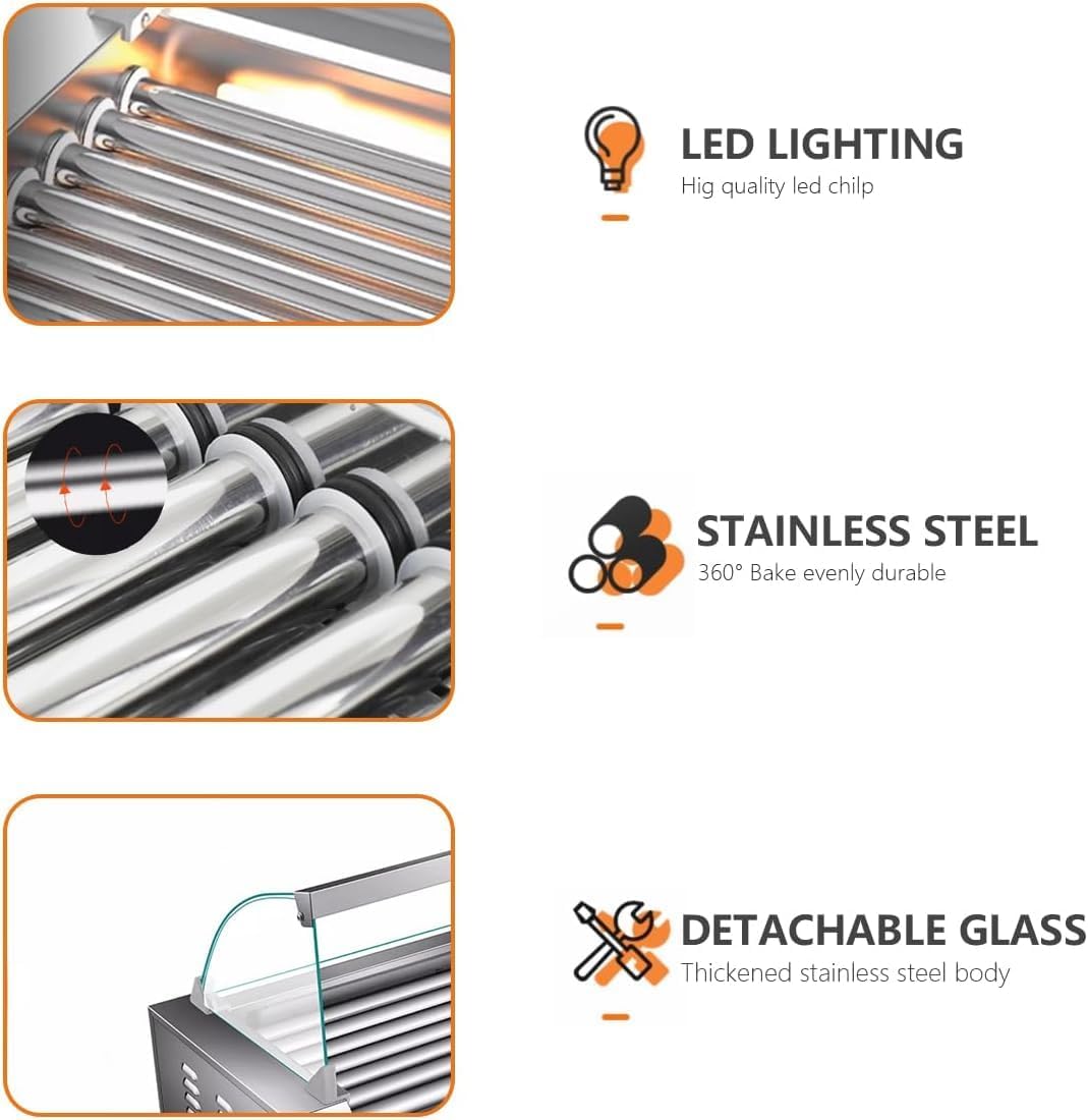 1670W Commercial Hot Dog Rollers,11 Rollers 30 Hotdog Roller Grill,Stainless Steel Hot Dog Machine With Dust Cover,Hot Dog Roller Machine With Dual Temp Control And Led Light/Detachable Drip Tray