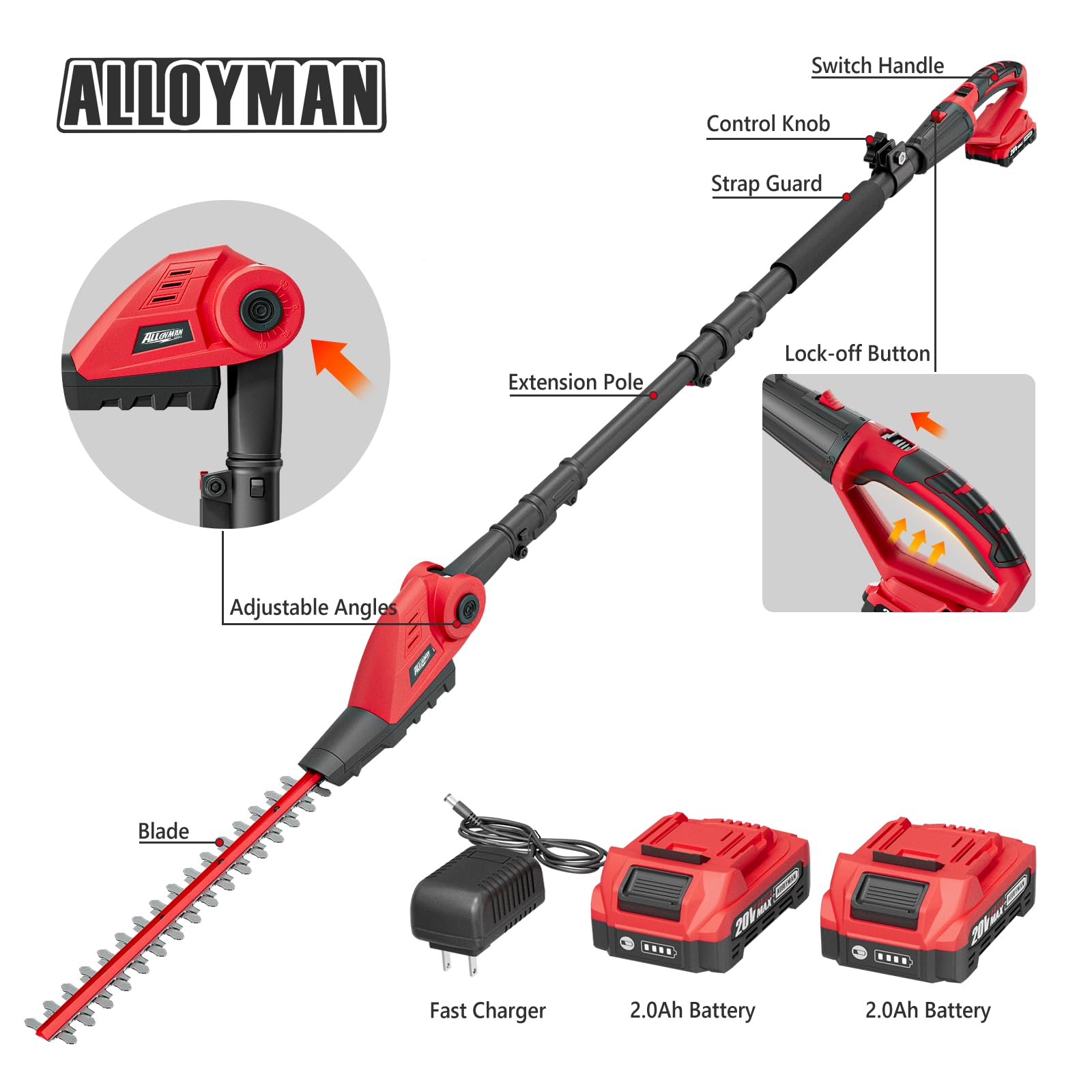 Alloyman 20V MAX Pole Hedge Trimmer with 2 Packs 2.0Ah Batteries & Charger