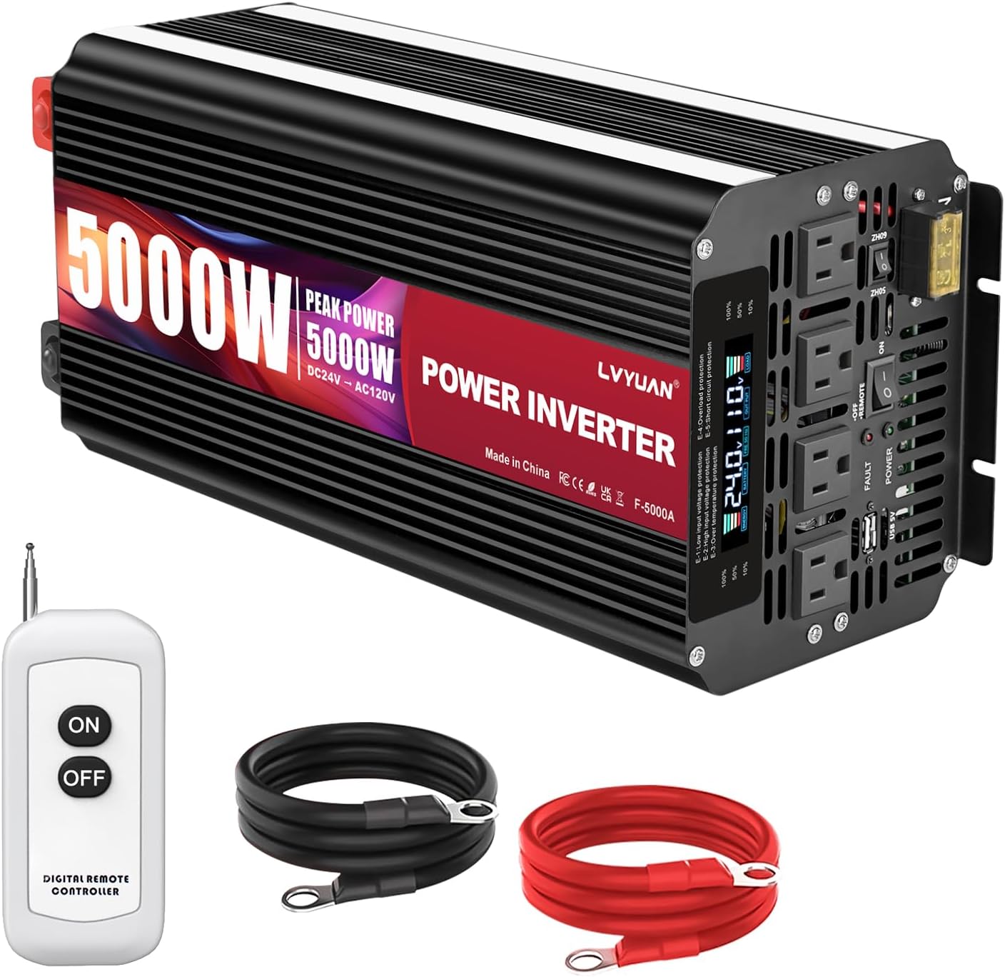 5000 Watt Power Inverter 12V to 110V 120V for Vehicle, Solar Inverter System, Heavy Duty, RV, Truck, Off Grid,Camping with 4 AC Outlets, LCD Display, Wireless Remote Control, Car Power Inverter