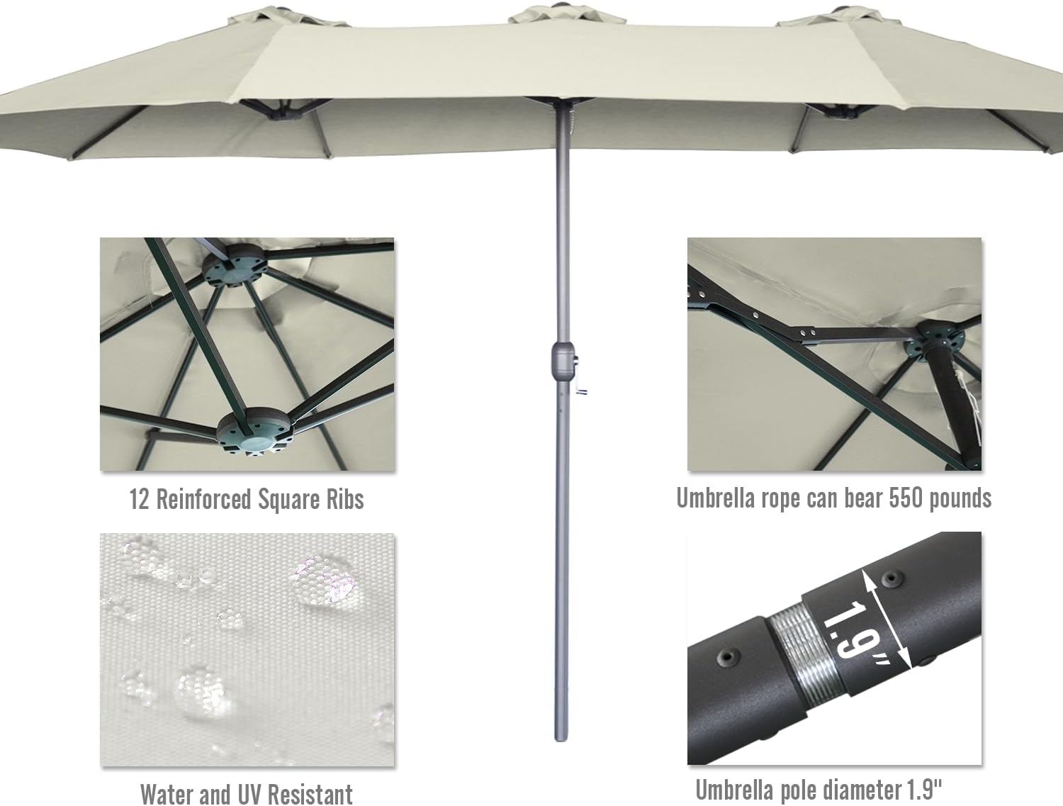 15ft Patio Umbrella with Solar Lights, Large Double Umbrella Outdoor, Rectangle 180''x106'' Umbrellas with 156 PCS LED Lights and Crank Handle for Backyard Deck Pool Shade in Black(1.9