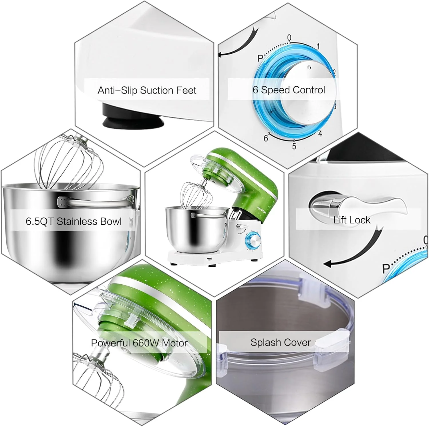 Aucma Stand Mixer,6.5-QT 660W 6-Speed Tilt-Head Food Mixer, Kitchen Electric Mixer with Dough Hook