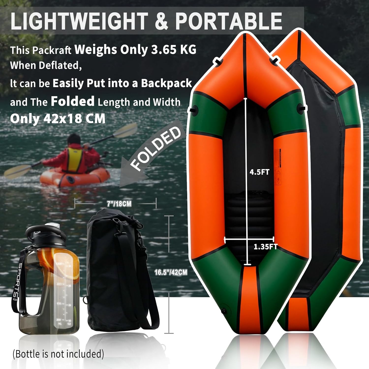 Lightweight Packrafts, TPU Inflatable Kayak for Flat Water Rafting Camping Trip/Fishing/Water Adventures 1 Person/2 Person Packraft, 330lb/660lb Weight Capacity