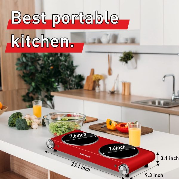 1800W Electric Dual Hot Plate, Countertop Stove Double Burner for Cooking, Infrared Ceramic Hot Plates Double Cooktop, Red, Brushed Stainless Steel Easy To Clean Upgraded Version, Red