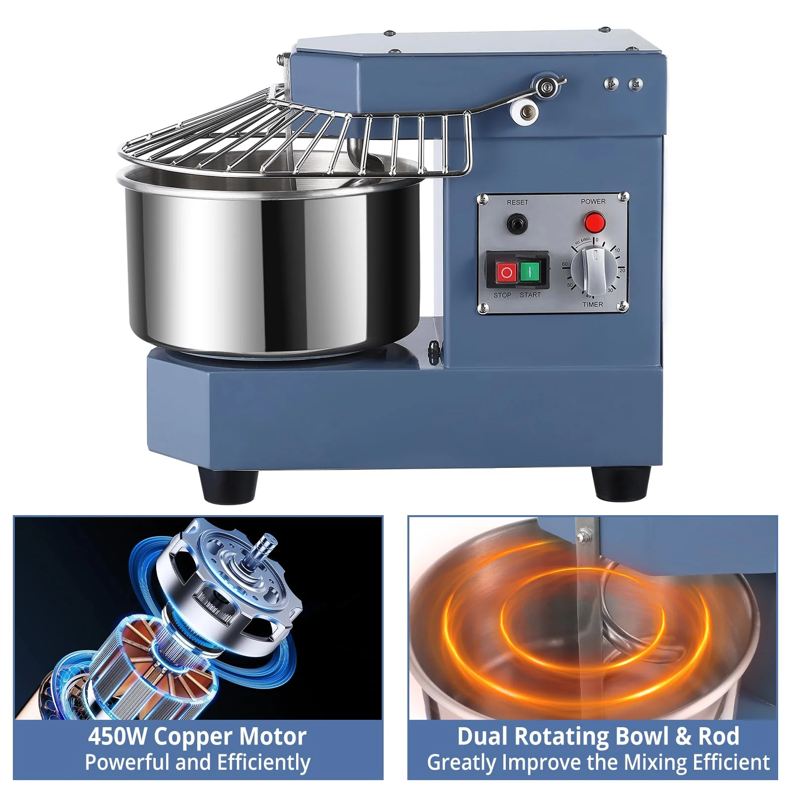 2025  8Qt Commercial Food Mixer, 450W Dual Rotating Dough Kneading Machine w Food-grade Stainless Steel Bowl, Security Shield & Timer, Commercial