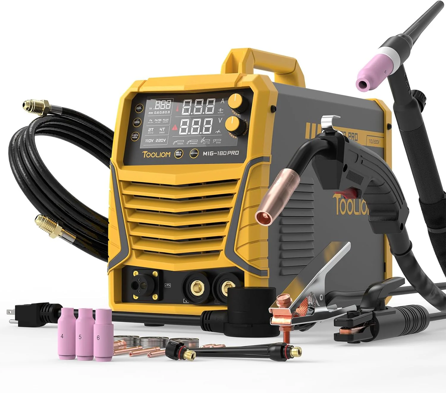 Aluminum alloy MIG welding machine, with pulse function, output power 250A, voltage 110V/220V, supports dual voltage mode, a multi-functional welding machine integrating 4 functions, can use with or without gas flux, MIG, elevated TIG, and manual arc