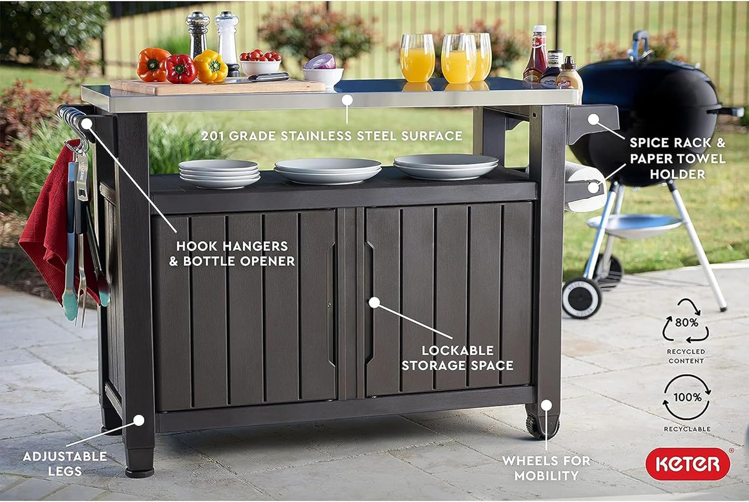 Keter Outdoor Rolling Table Cart for Food Prep, Storage, Bar & Grill, Dark Brown
