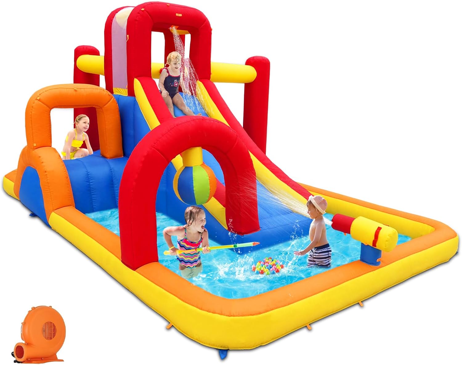Inflatable Water Slide, 10 in 1 Water Park Bounce House with Blower, Splash Pool, 2 Slides, Water Cannon, Climbing Wall, Blow up Water Slides for Kids Outdoor Backyard
