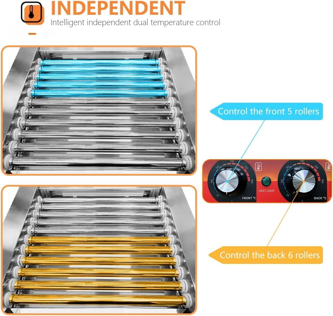 1670W Commercial Hot Dog Rollers,11 Rollers 30 Hotdog Roller Grill,Stainless Steel Hot Dog Machine With Dust Cover,Hot Dog Roller Machine With Dual Temp Control And Led Light/Detachable Drip Tray