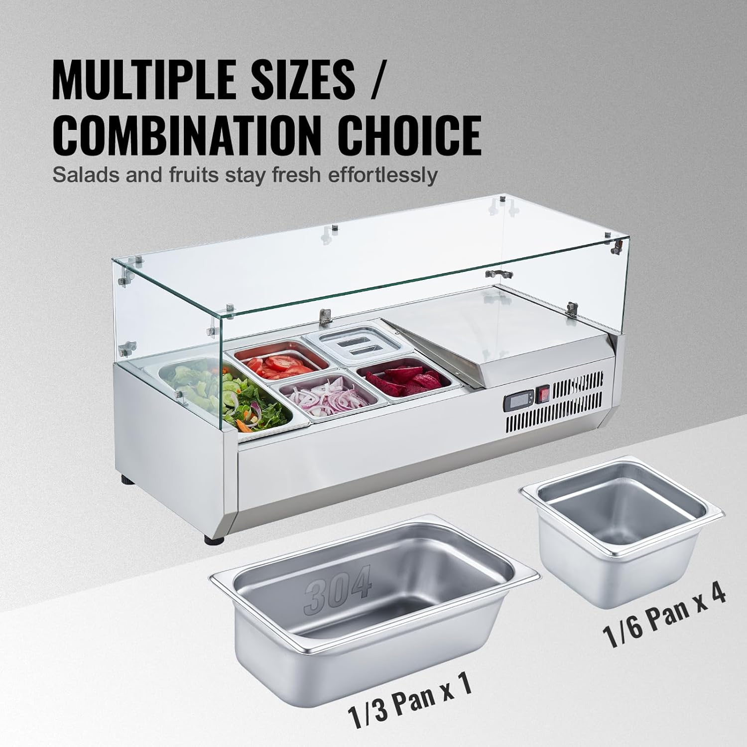 Refrigerated Condiment Prep Station, 135 W Countertop Refrigerated Condiment Station, with 2 1/3 Pans & 4 1/6 Pans, 304 Stainless Body and PC Lid, Sandwich Prep Table with Stainless Guard, ETL