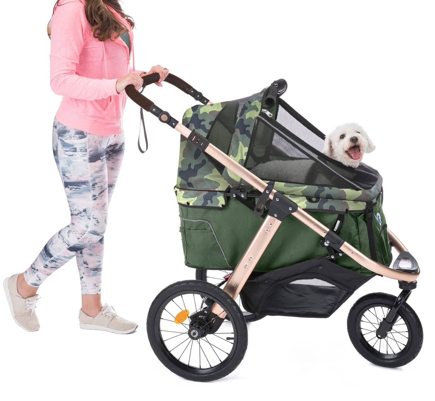 Jogging Sports Stroller with Comfort Rubber Wheels/Zipper-Less Entry/1-Hand Quick Fold/Aluminum Frame for Small/Medium Dogs, Cats and Pets (Green Camo)