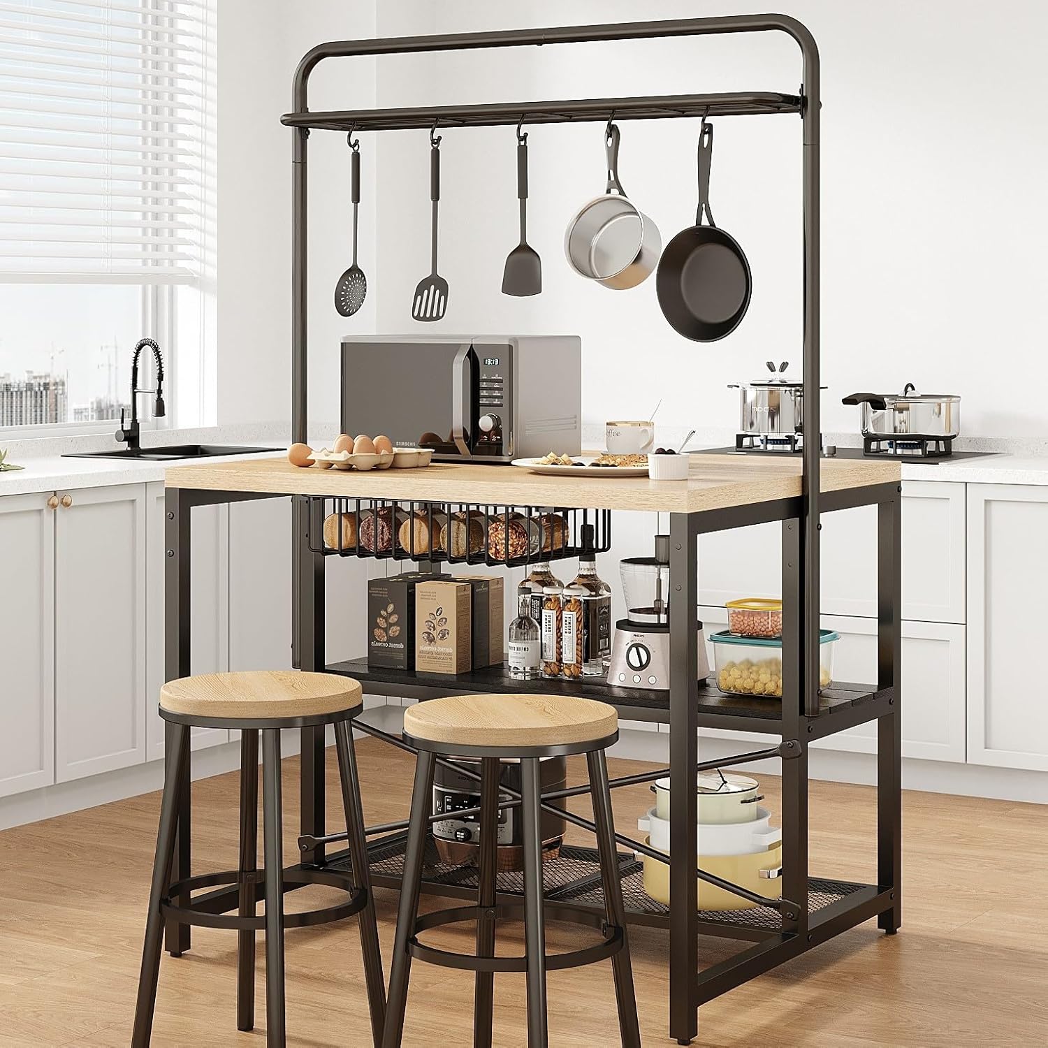 Kitchen Island, Kitchen Island with Storage, Bakers Rack, Island Table for Kitchen, Bakers Rack with Storage, Large Kitchen Island Table, Coffee Bar Table with Shelf,5 Racks,Pear Wood White