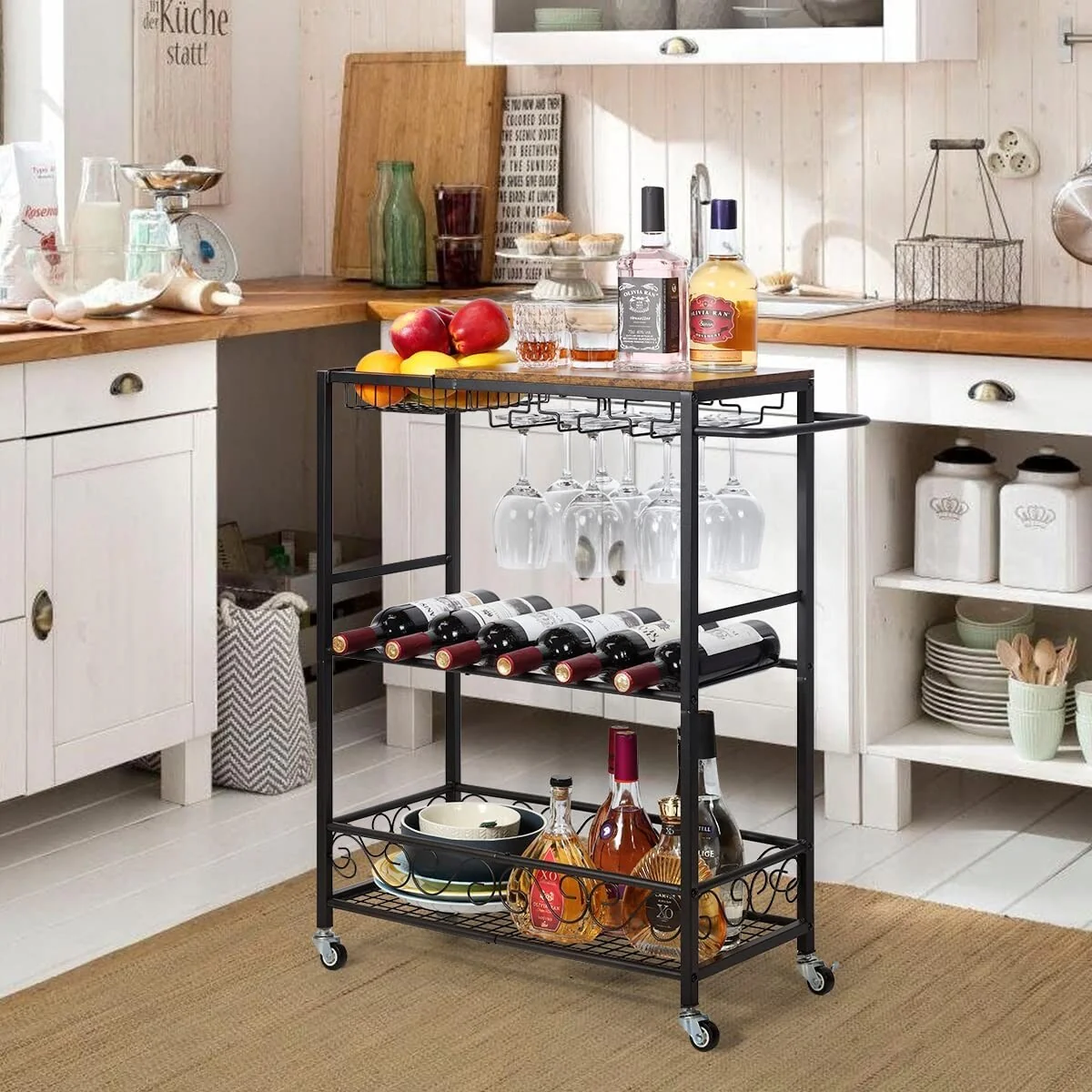 3 Tier Mobile Bar Serving Cart, Rolling Wine Cart with Glass Stemware Rack and Wine Bottle Holders