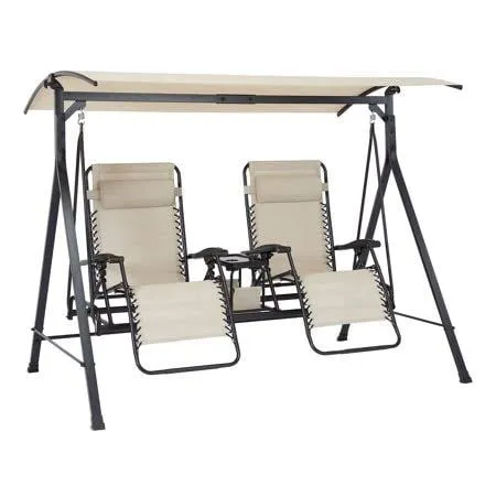 Mainstays Zero-Gravity Steel Porch Swing - Beige/Black, Size: 90.55 inch x 58.27 inch x 72.44 inch