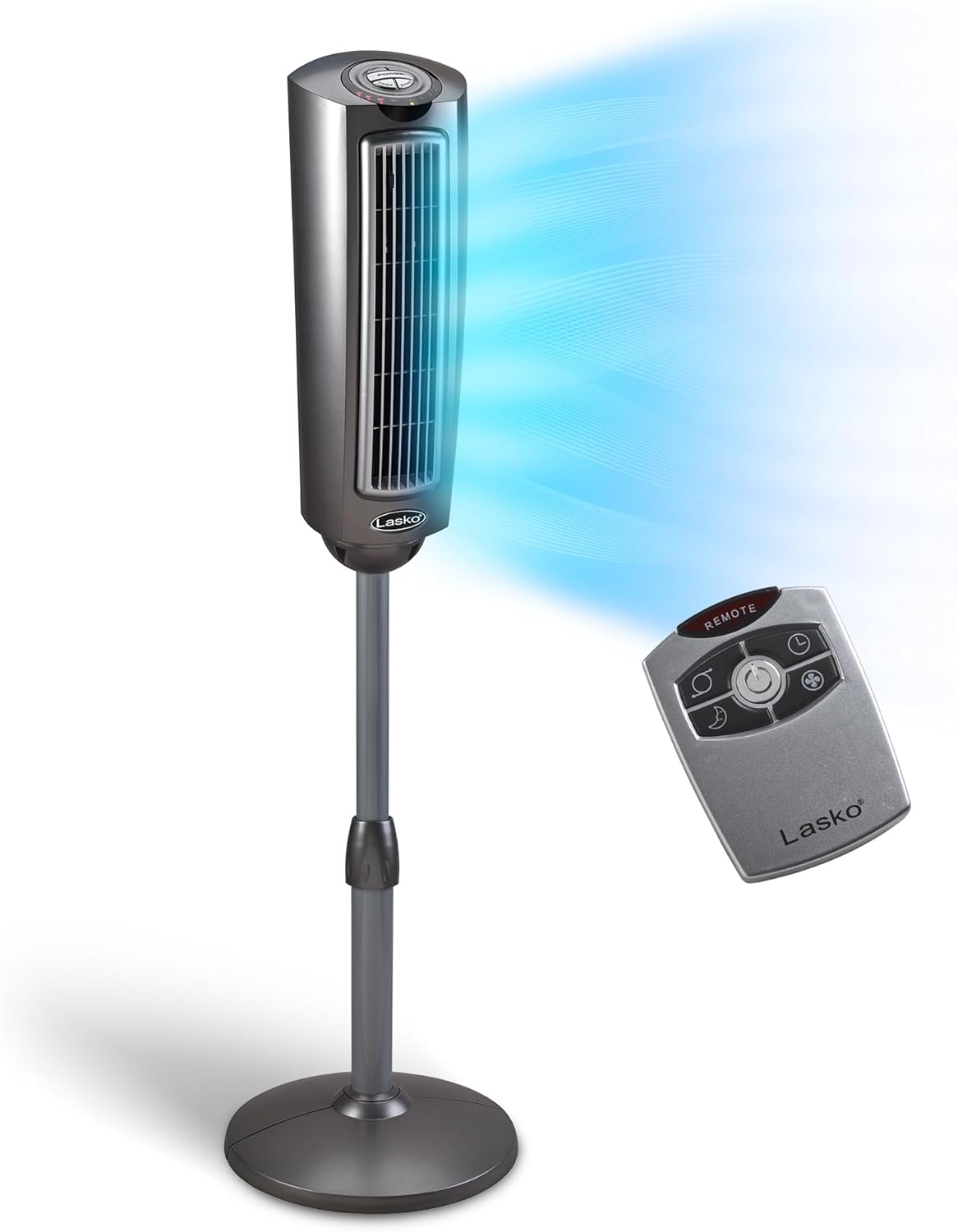 LASKO Elevation 42”-54” Adjustable Height Pedestal Tower Fans for Home, 31 ft/s Airflow, Quiet 28 dB on Low, 90° Oscillation, 12 Hour Timer, Remote Control, Black, EST100