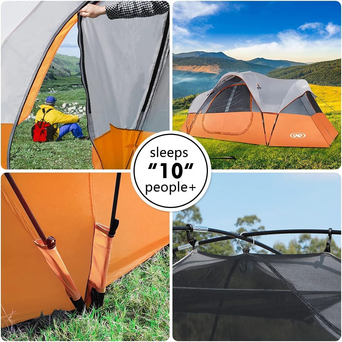 Camping Tent 10-Person-Family Tents, Parties, Music Festival Tent, Big, Easy Up, 5 Large Mesh Windows, Double Layer, 2 Room, Waterproof, Weather Resistant, 18ft x 9ft x78in