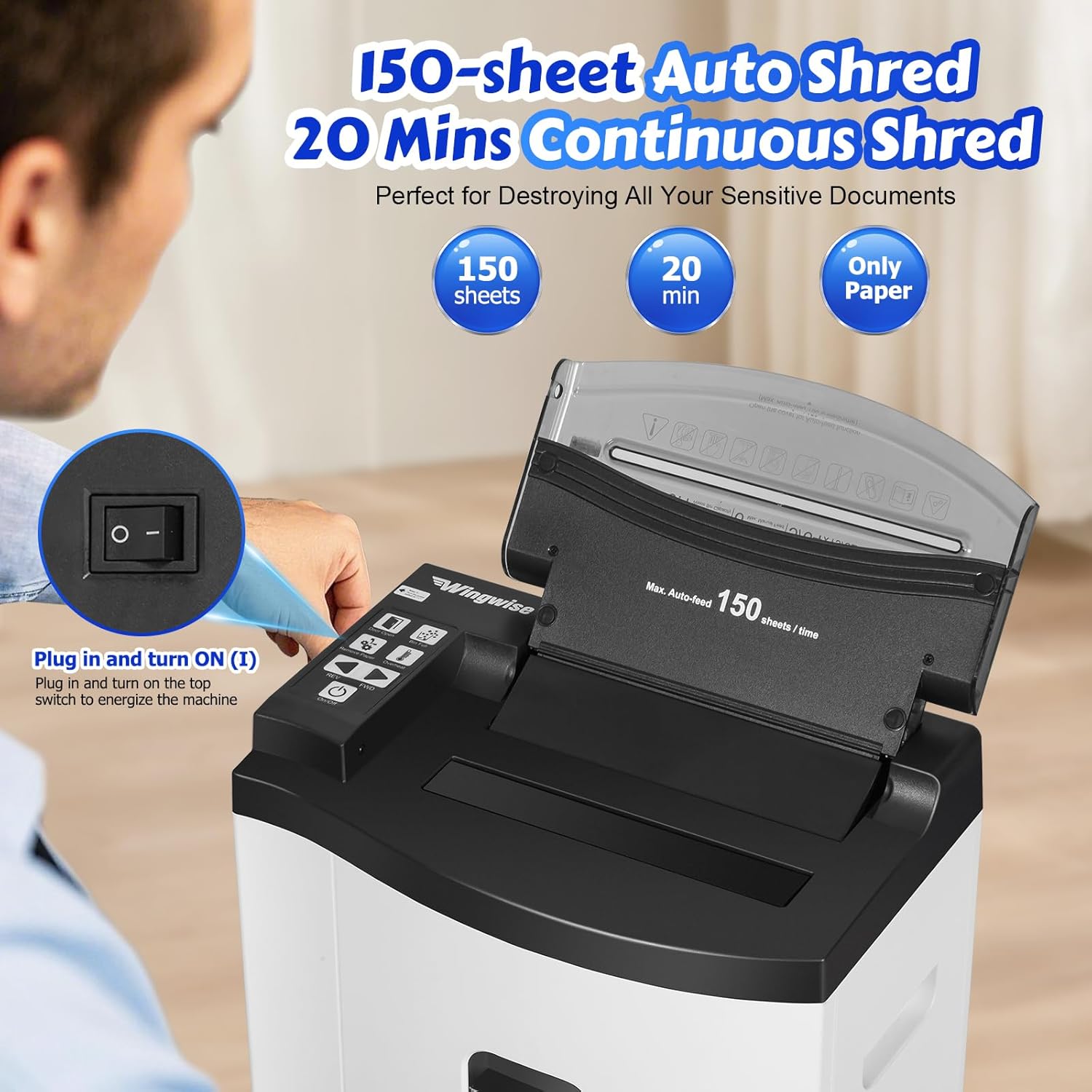 150 Sheet Auto-Feed Micro Cut Paper Shredder for Home Office Use, P-5 Super High Security (5/64 x 19/32 inches), Large 6-Gallon Bin, 20-Min Continuous Run, 55dB Ultra-Quiet, White