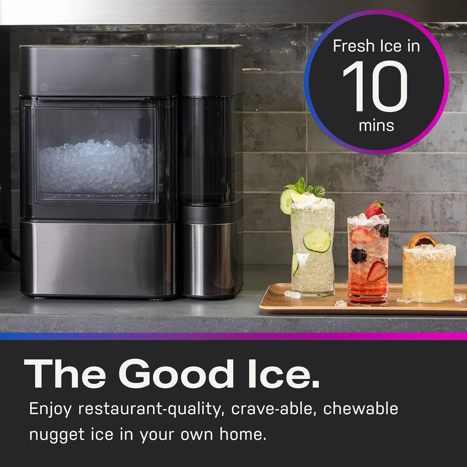 GE Profile Opal 2.0 with 0.75 Gallon Tank, Chewable Crunchable Countertop Nugget Ice Maker, Scoop included, 38 lbs in 24 hours, Pellet Ice Machine with WiFi & Smart Connected, Black Stainless Steel
