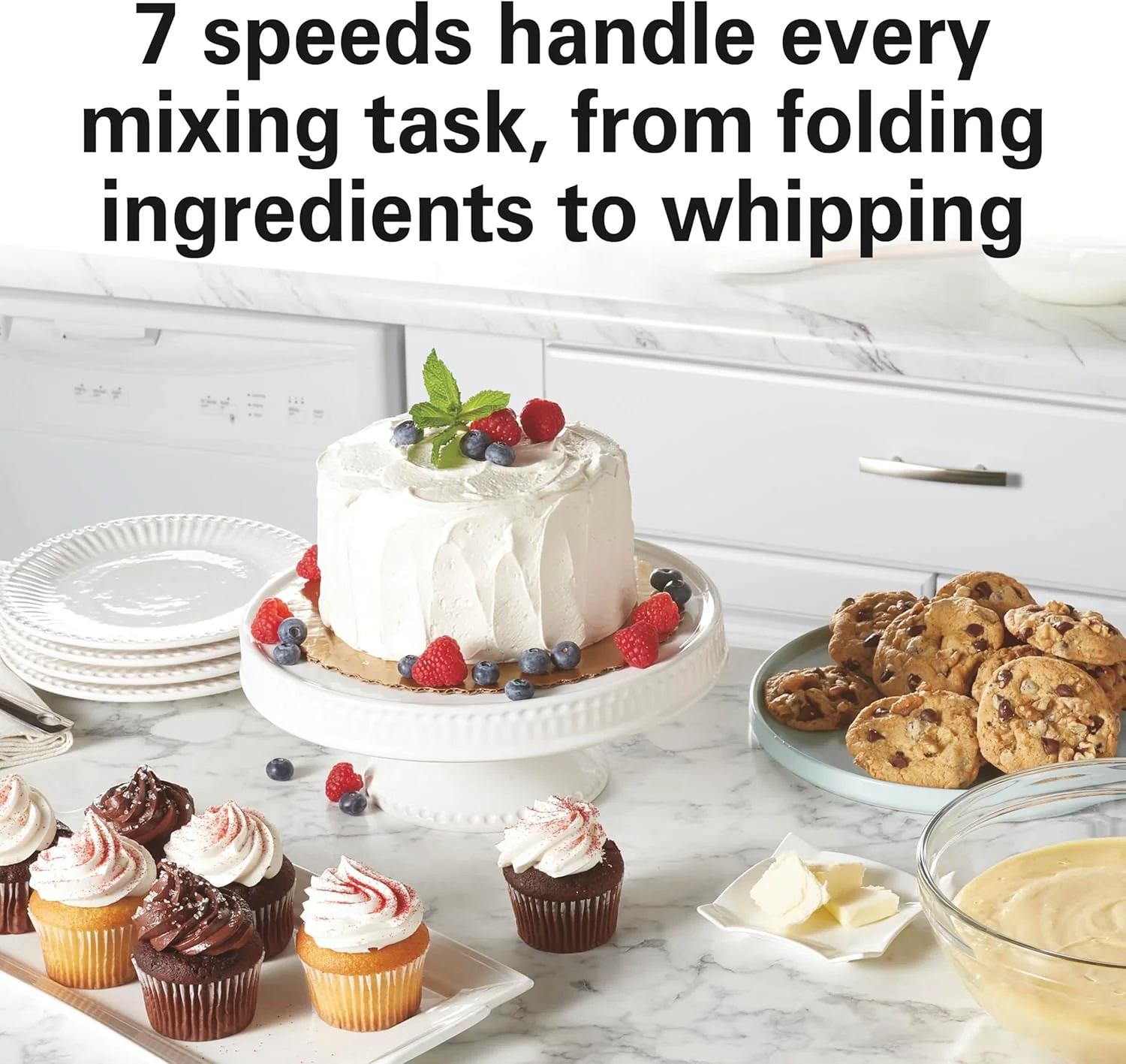 Hamilton Beach Electric Stand Mixer, 4 Quarts, Dough Hook, Flat Beater Attachments, Splash Guard 7 Speeds with Whisk, Black