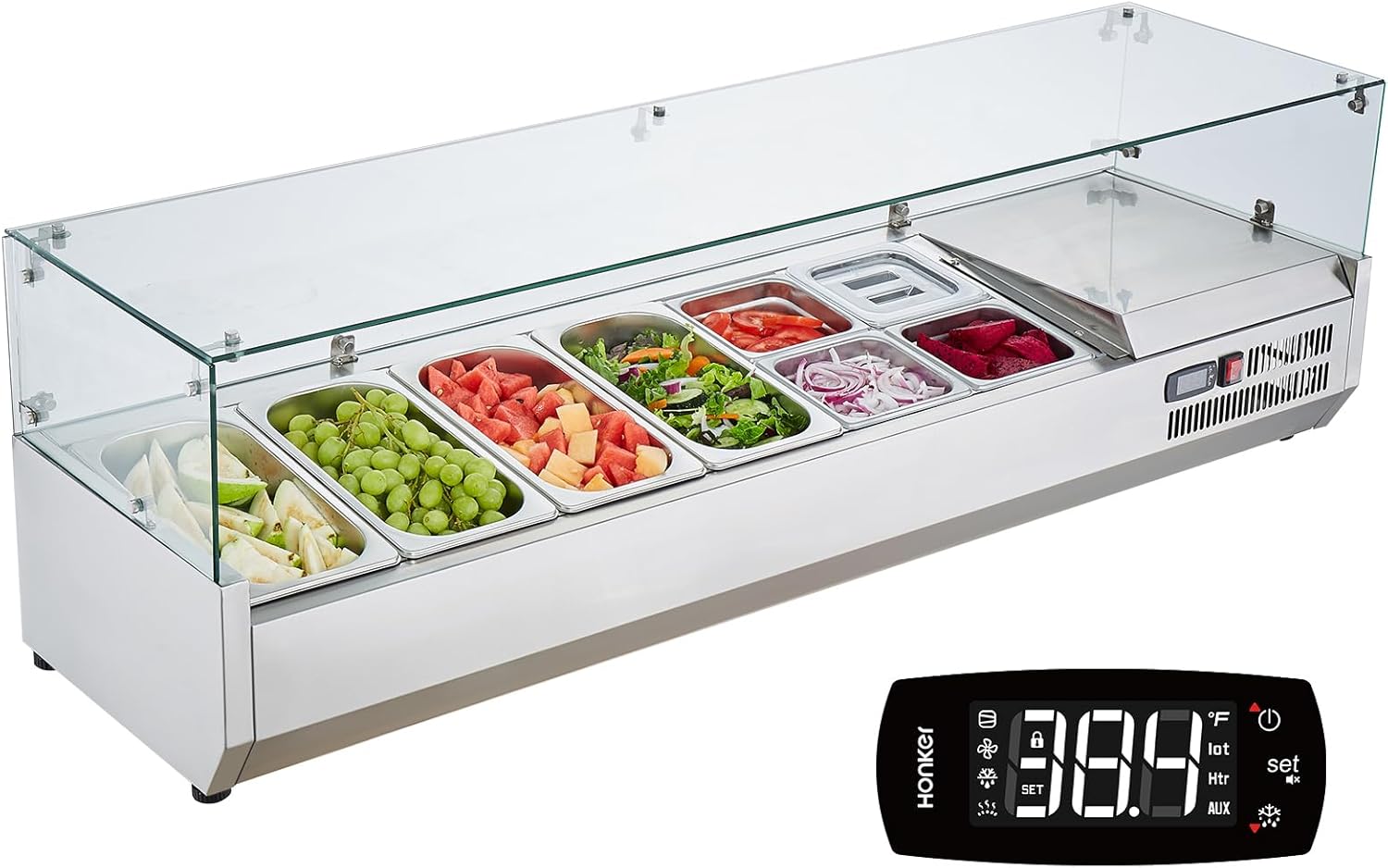 Refrigerated Condiment Prep Station, 135 W Countertop Refrigerated Condiment Station, with 2 1/3 Pans & 4 1/6 Pans, 304 Stainless Body and PC Lid, Sandwich Prep Table with Stainless Guard, ETL