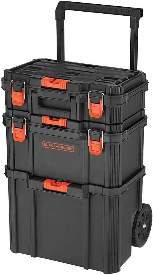 Stackable storage system - Three-piece set (small toolbox, dark-colored toolbox and rolling handbag)